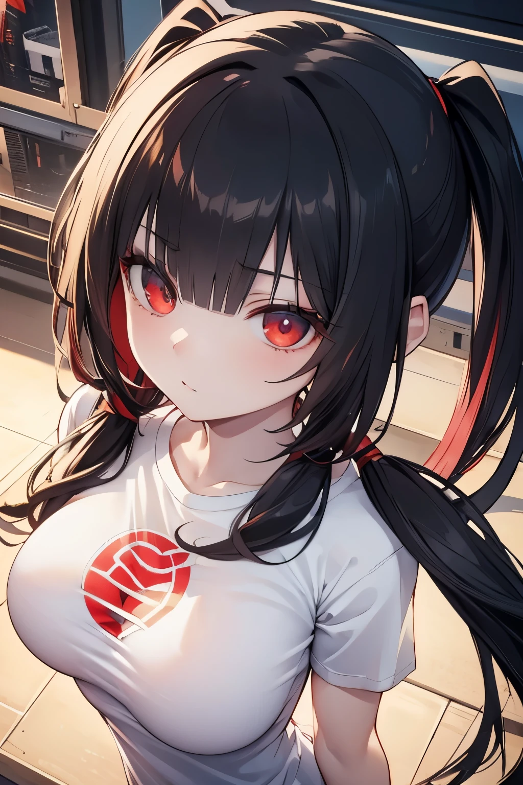 Optimal，masterpiece，High resolution，highest quality，Hyper HD，Very detailed，Award-winning，16k，alone，（Upper Body），Correct Anatomy，Beautiful Cyberpunk Girl，Upper Bodyの写真、Cute face，，Black Hair、Long Hair、Twin tails、Hairline，（（Scarlet Eyes）），Long eyelashes，Drooping eyelids，White skin，((Shoot from above:1.5)), ((Tight T-shirt:1.5)), ((Clock Top:1.5))、rocket , (Large Breasts),