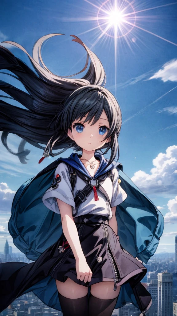 absurderes, hight resolution, (Anime style:1.1), ((masutepiece)), ((Best Quality)), (Ultra-detailed), (Beautiful), solo, Beautiful face、(liftup)、Cute  looking at the view from the top of a skyscraper that is closer to the atmosphere,Wind,((Thin black colorful long hair)),, Blue Eyes,Lens Flare,Dramatic,Detailed Ancient City、Skirt fluttering in the wind、Clouds below looking down、(Don't look here:1.4),((Kingdom hearts4)),
