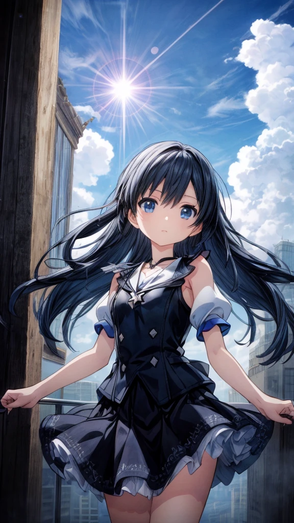 absurderes, hight resolution, (Anime style:1.1), ((masutepiece)), ((Best Quality)), (Ultra-detailed), (Beautiful), solo, Beautiful face、(liftup)、Cute looking at the view from the top of a skyscraper that is closer to the atmosphere,Wind,((Thin black colorful long hair)),, Blue Eyes,Lens Flare,Dramatic,Detailed Ancient City、Skirt fluttering in the wind、Clouds below looking down、(Don't look here:1.4),((Kingdom hearts4)),