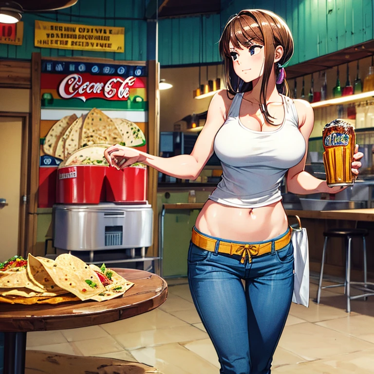 Woman making tacos, tortillas and nachos at a Mexican food stall　Tight tank top and tight hot pants　There are coke, tequila and Corona beer on the table.　I can see your pants