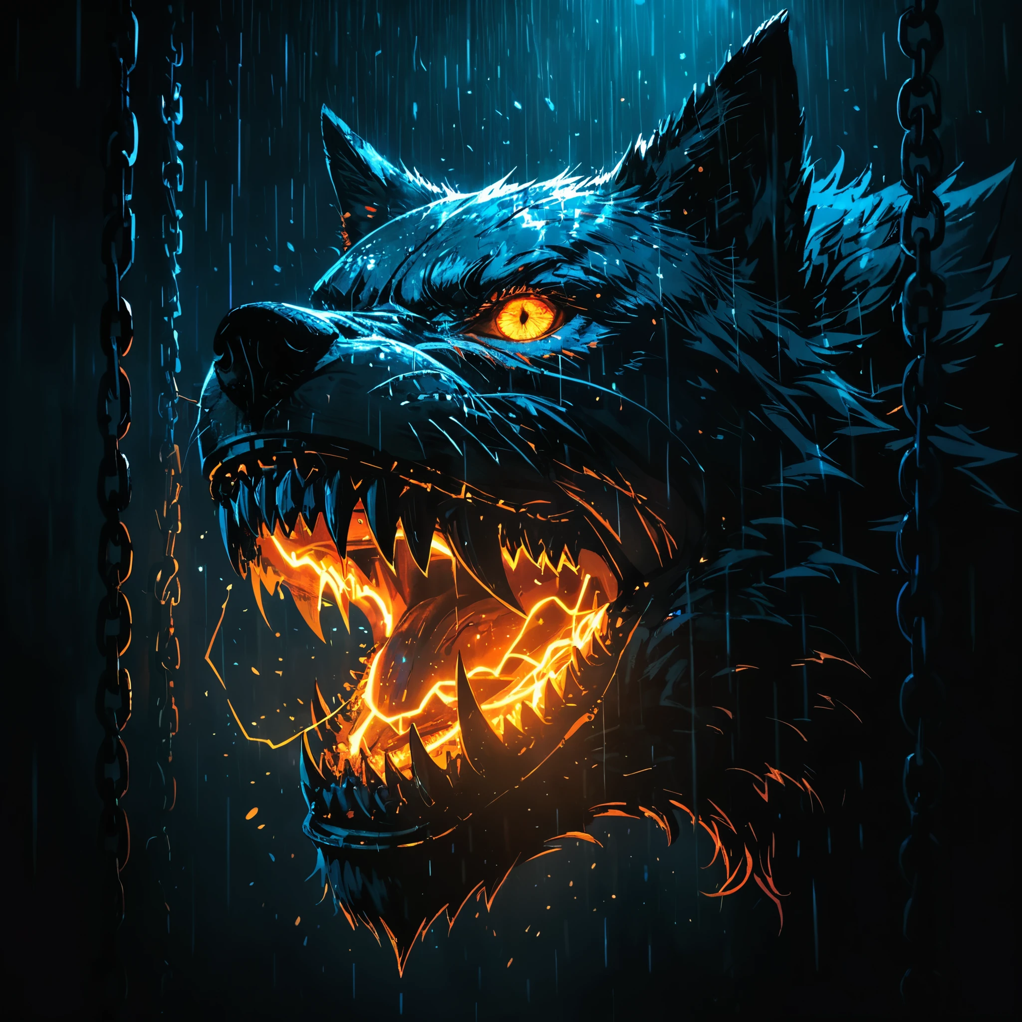 indoor, Fluorescent illumination, (((Darkness shrouded, black background, shadow, extreme darkness, Dark atmosphere))), Wall background, (Wolf head graffiti:1.3), 1girl, skimpy tee-shirt, cropped top, big Breast, Waistless T-shirt, orange fluorescent hair, Fluorescent orange eyes, long hair, Messy hair, Low rise denim shorts, orange eye shadow, (Vanishing point, Vines Covered Foreground), Grin, Open your mouth, evil smiley, trigger finger, Shark Teeth, Dark and Edgy, Surrealist elements, expressive brushstrokes, dynamic composition, extreme detail description, chain, barbed wire, wooden stake, (red moonlight), heavy rain, silhouettecowboy shot, Depth of Field, Cubist Futurism, cinematic lighting, motion blur, optical illusion, UHD, retina, masterpiece, ccurate, high details, high quality, best quality