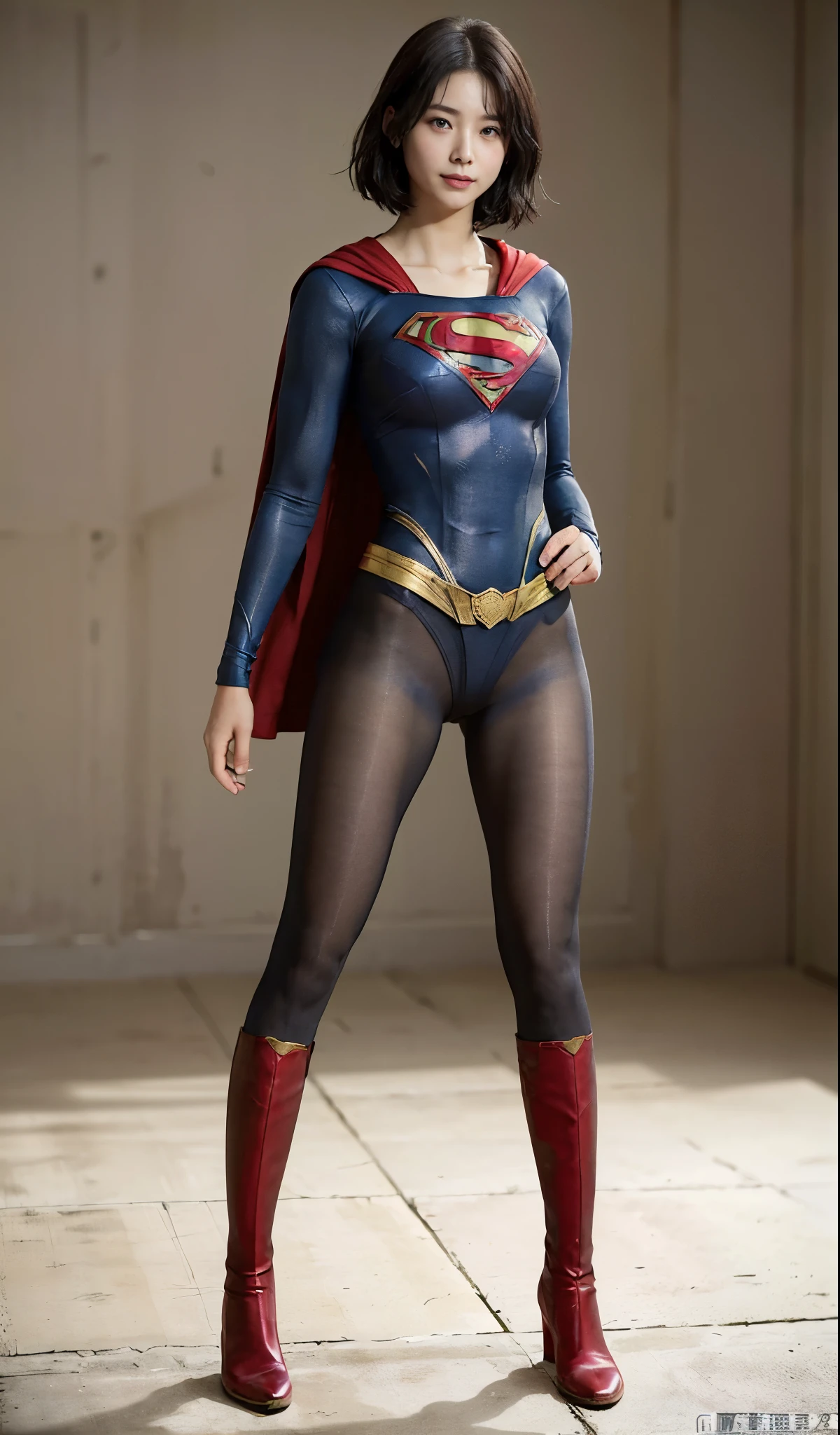 No background、(((Beautiful legs in black tights.)))、(((Legally express the beauty of your smile)))、((((Make the most of your original images)))、(((Supergirl Costume)))、(((Beautiful very short hair)))、(((suffering)))、(((Please wear black tights....、Wear red boots)))、((Best image quality、8k))、((highest quality、8k、masterpiece:1.3))、(((Preserve background )))、Sharp focus:1.2、Beautiful woman with perfect figure:1.4、Slim Abs:1.2、Wet body:1.5、Highly detailed face and skin texture、8k