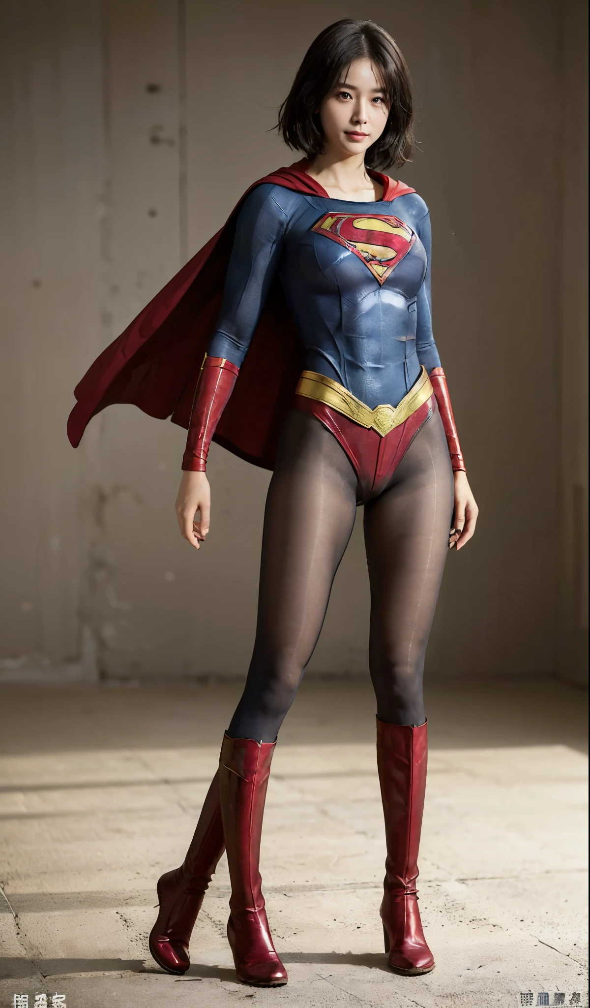 No background、(((Beautiful legs in black tights.)))、(((Legally express the beauty of your smile)))、((((Make the most of your original images)))、(((Supergirl Costume)))、(((Beautiful very short hair)))、(((suffering)))、(((Please wear black tights....、Wear red boots)))、((Best image quality、8k))、((highest quality、8k、masterpiece:1.3))、(((Preserve background )))、Sharp focus:1.2、Beautiful woman with perfect figure:1.4、Slim Abs:1.2、Wet body:1.5、Highly detailed face and skin texture、8k