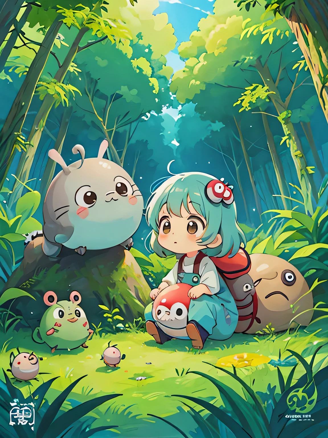 hayao miyazaki style, Kawaii Design, The most beautiful girl of all time、Chibi, Cute and colorful pillbugs、play together、Lots of pillbugs、Totoro Forest、logo、character