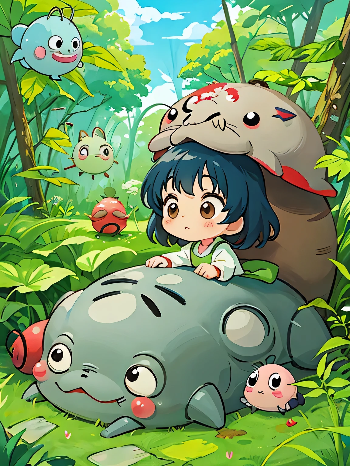 hayao miyazaki style, Kawaii Design, The most beautiful girl of all time、Chibi, Cute and colorful pillbugs、play together、Lots of pillbugs、Totoro Forest、logo、character