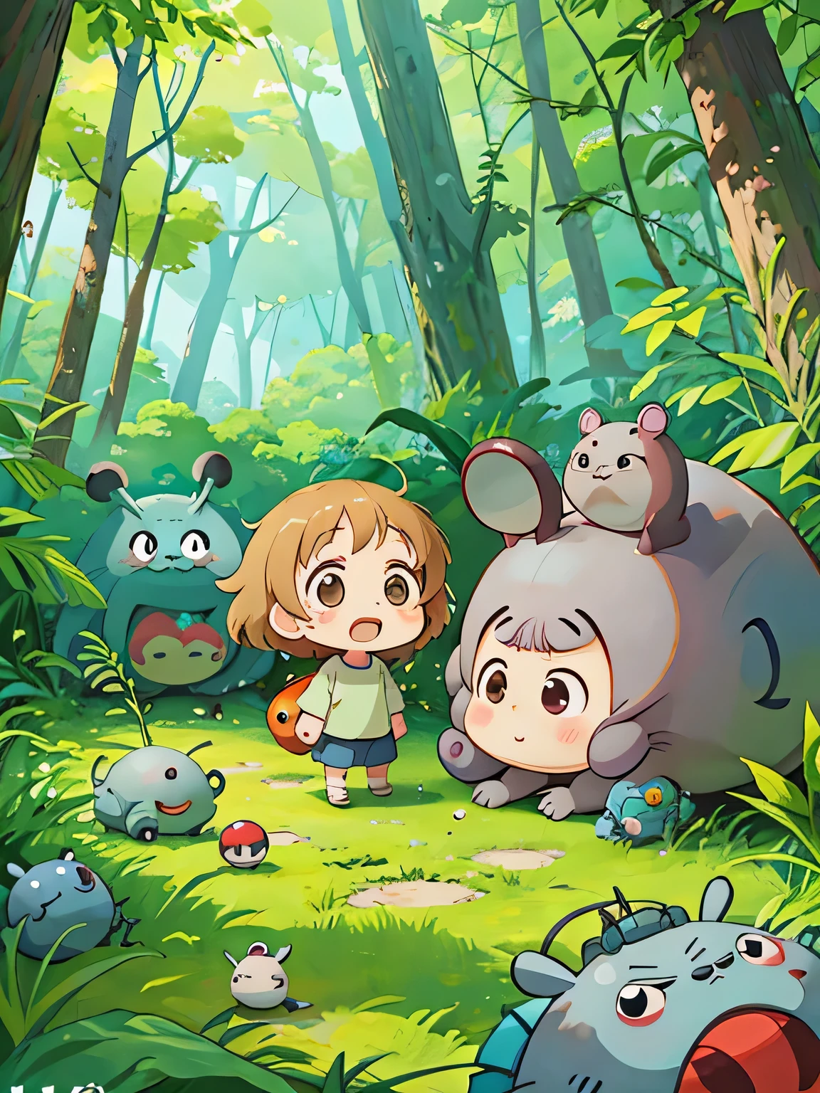 hayao miyazaki style, Kawaii Design, The most beautiful girl of all time、Chibi, Cute and colorful pillbugs、play together、Lots of pillbugs、Totoro Forest、logo、character