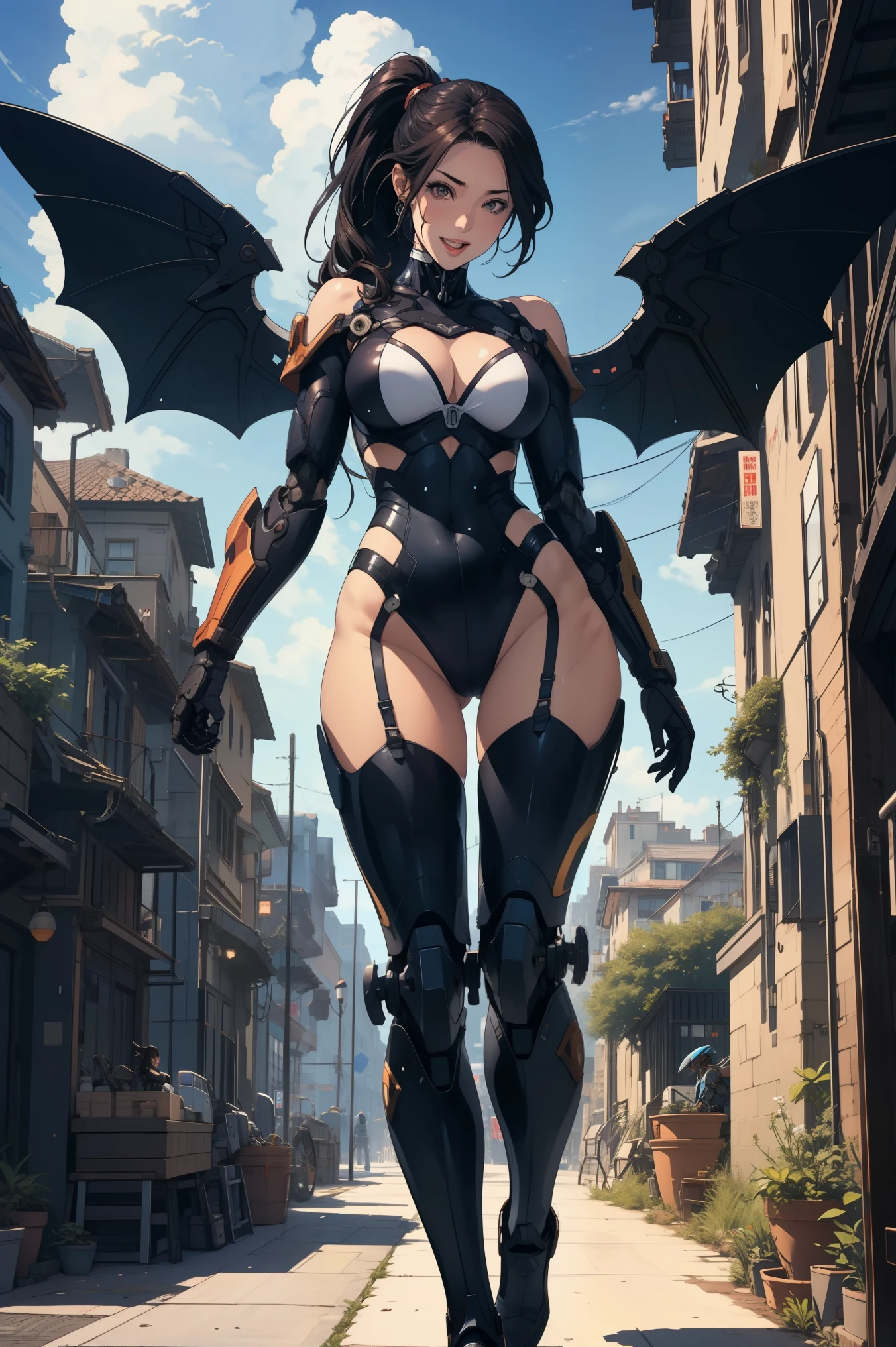 1 girl, black long hair ponytail, huge breast, mecha suit black color with mechanical wing full armor, smiling, arm at the hips, standing , at the centre of city, front view, looking to the viewer,  mouth open wide, fullbody shot, 