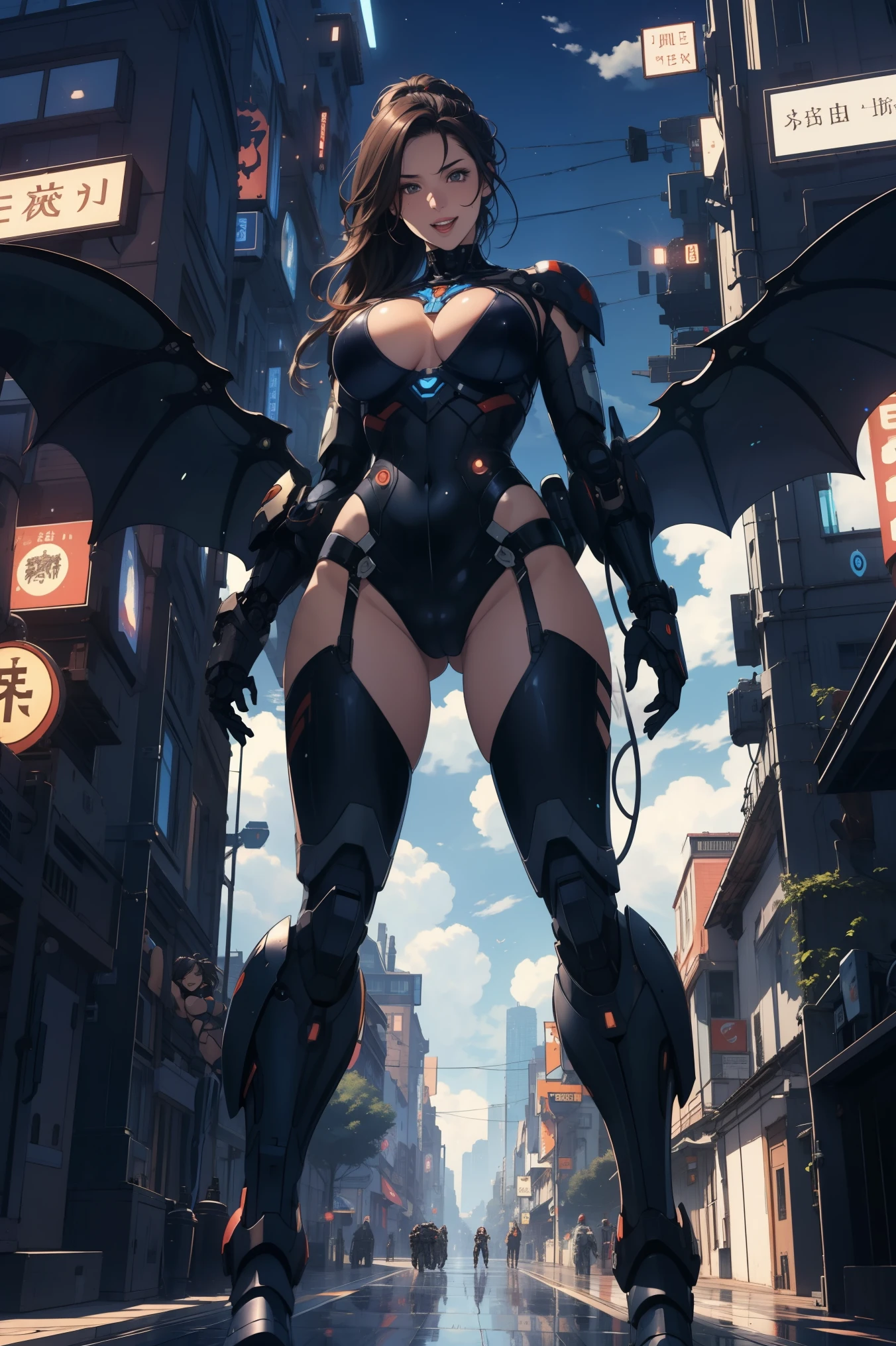 1 girl, black long hair ponytail, huge breast, mecha suit black color with mechanical wing full armor, smiling, arm at the hips, standing , at the centre of city, front view, looking to the viewer, mouth open wide, fullbody shot,