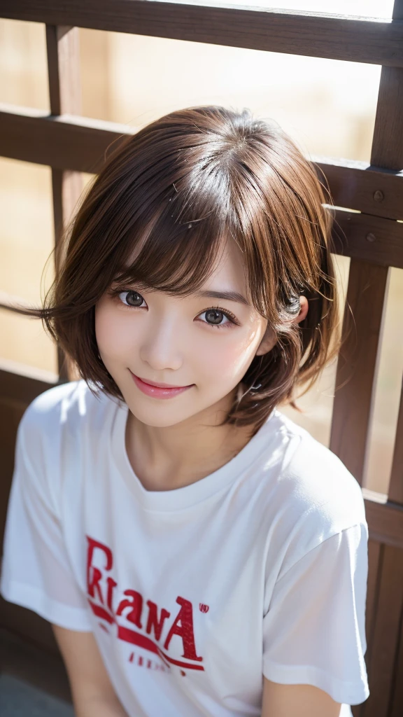 (top-quality,8K picture quality,masterpiece:1.3,),(超A high resolution:1.3,Photorealsitic:1.4,Raw photography:1.2),(ultra-detailliert:1.2,shinny skin,Detailed skin:1.1),(Detailed face,Perfect Anatomy,Caustics:1.2),On the lawn,Sleep on your back,Overhead view,,1 girl,kawaii,japanes,22year old,Japanese ido,Natural brown hair,Curl short hair outward,Pretty eyes,natural make up,Oversized T-shirt,a smile,Looking at the camera,up on the face,Face Focus,Professional Lighting,natural soft light,