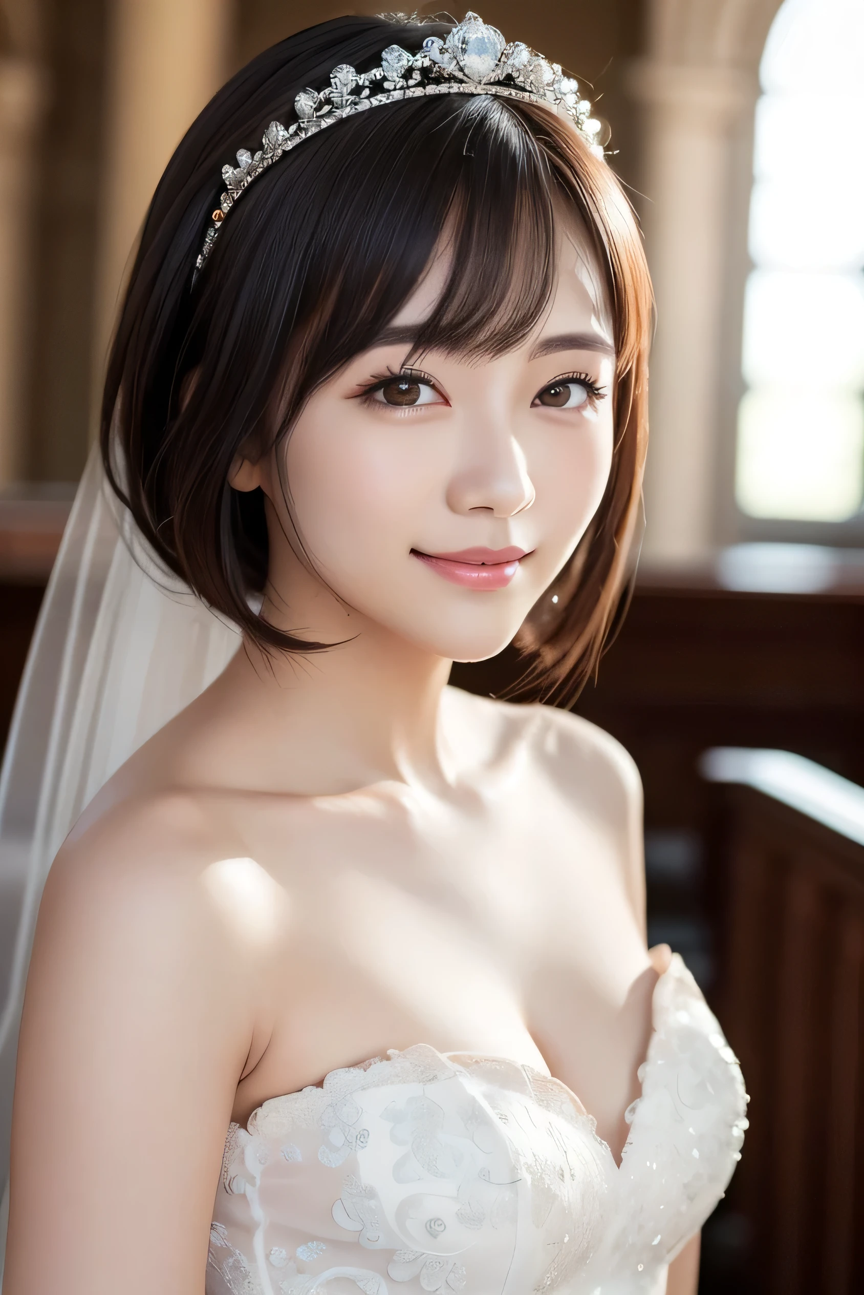 (highest quality:1.5)、(Realistic:1.5)、(1 person:1.5)、(Upper Body:1.5)、Very detailed、High resolution、8k wallpaper、、Small breasts、Natural color lips、Cute Smile、Japanese women、20-year-old girl、Beautiful and elegant face、Perfect and beautiful face、Big eyes、Brunette's eyes、Beautiful and elegant face、Perfect and beautiful double eyelids、Natural Bangs、Beautiful thin nose、Beautiful Skin、Chestnut Hair、Medium Bob Hair、Shortcuts、Natural Bangs、Perfect and beautiful face、Slim face and figure、(Looking at the camera)、Bright lighting、Professional Lighting、Forward lighting、Natural smile、church、Princess line wedding dress、tiara、Beautiful cleavage、