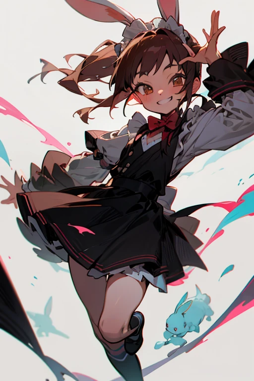 (Manga Style.1.5)Rabbit Eared Girl Delicate and cute maid outfit mini skirt Knee socks 1 person, 10 years old, , cute, alone, Grin, Mischievous Smile, Flat Chest, cute children fashion, Grin