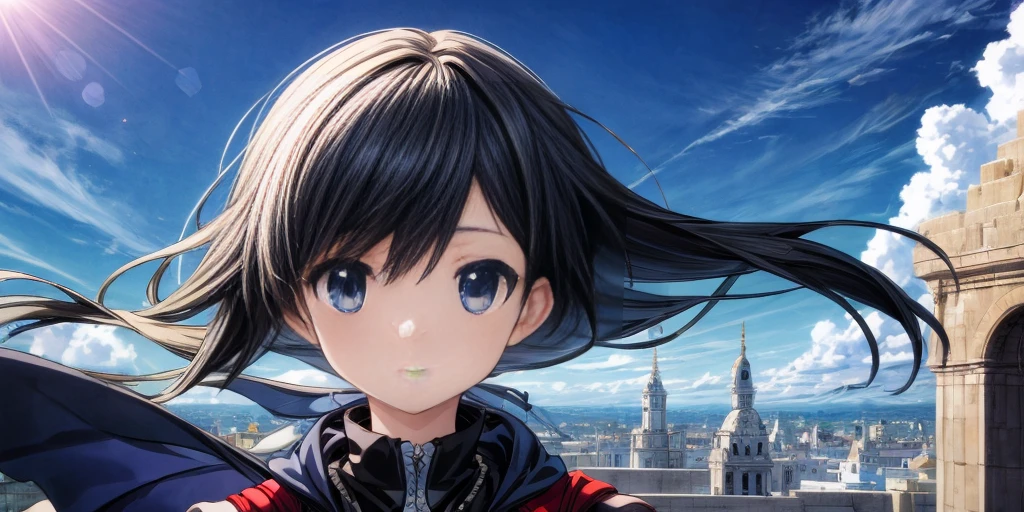 absurderes, hight resolution, (Anime style:1.1), ((masutepiece)), ((Best Quality)), (Ultra-detailed), (Beautiful), solo, Beautiful face、(liftup)、Cute  looking at the view from the top of a skyscraper that is closer to the atmosphere,Wind,((Thin black colorful long hair)),, Blue Eyes,Lens Flare,Dramatic,Detailed Ancient City、Skirt fluttering in the wind、Clouds below looking down、(Don't look here:1.4),((Kingdom hearts4)),