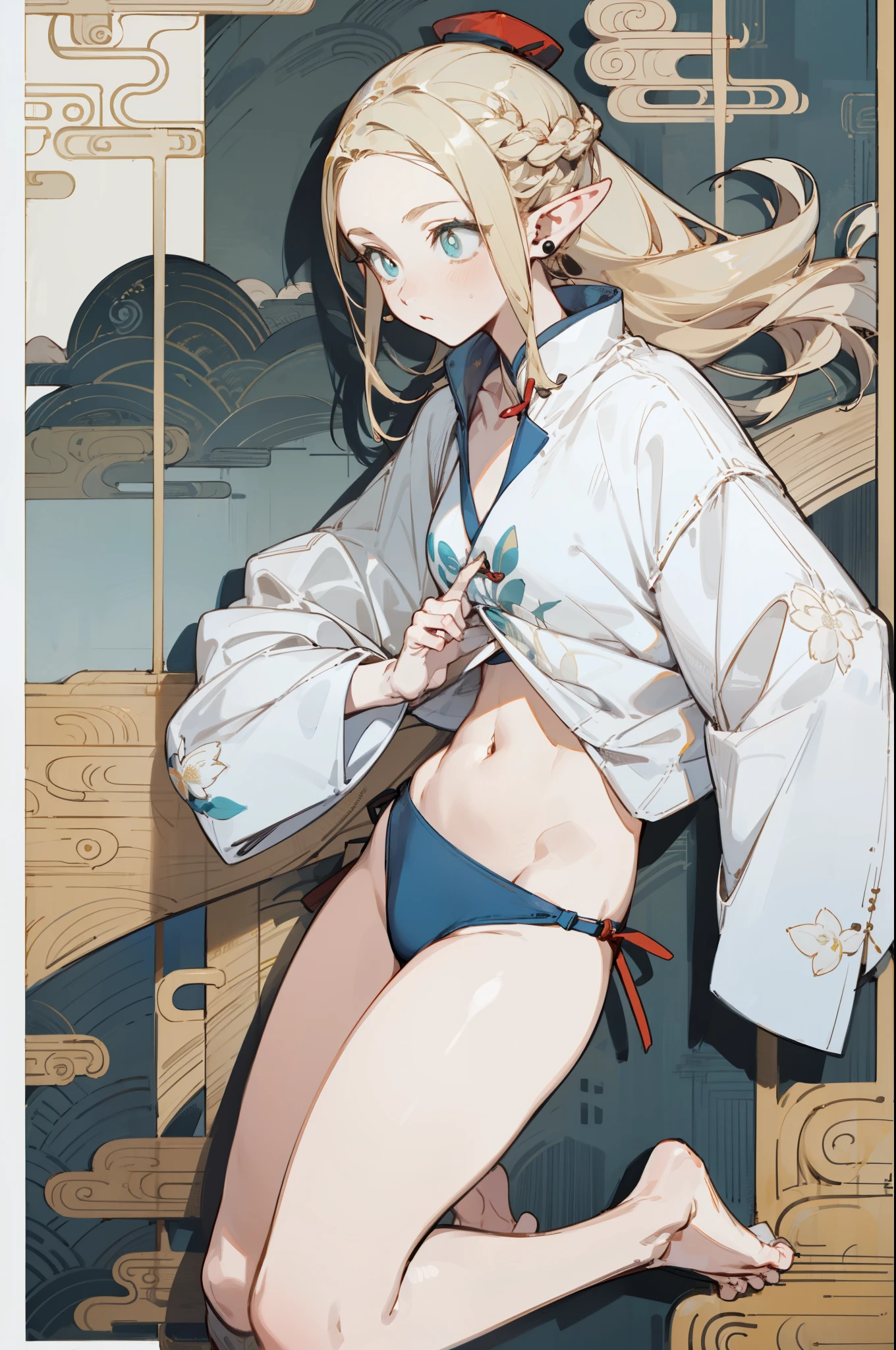 Wearing a bikini、Wearing a hat and a sword,Wearing headphones, (masterpiece, best quality) detailed,silver accessories , Blonde ,elegant, Pointed ears ,Chinese element pattern,Wear a white shirt,Navel exposed,Barefoot