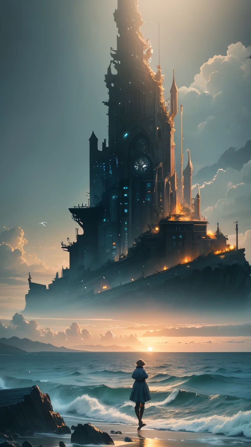 highest quality。Masterpiece。Detailed details。The Shores of a Broken World。A city sinking into the sea。A person standing on the beach。Clinging to land with its rotting body、A strange creature that utters words of resentment。Twilight sky。