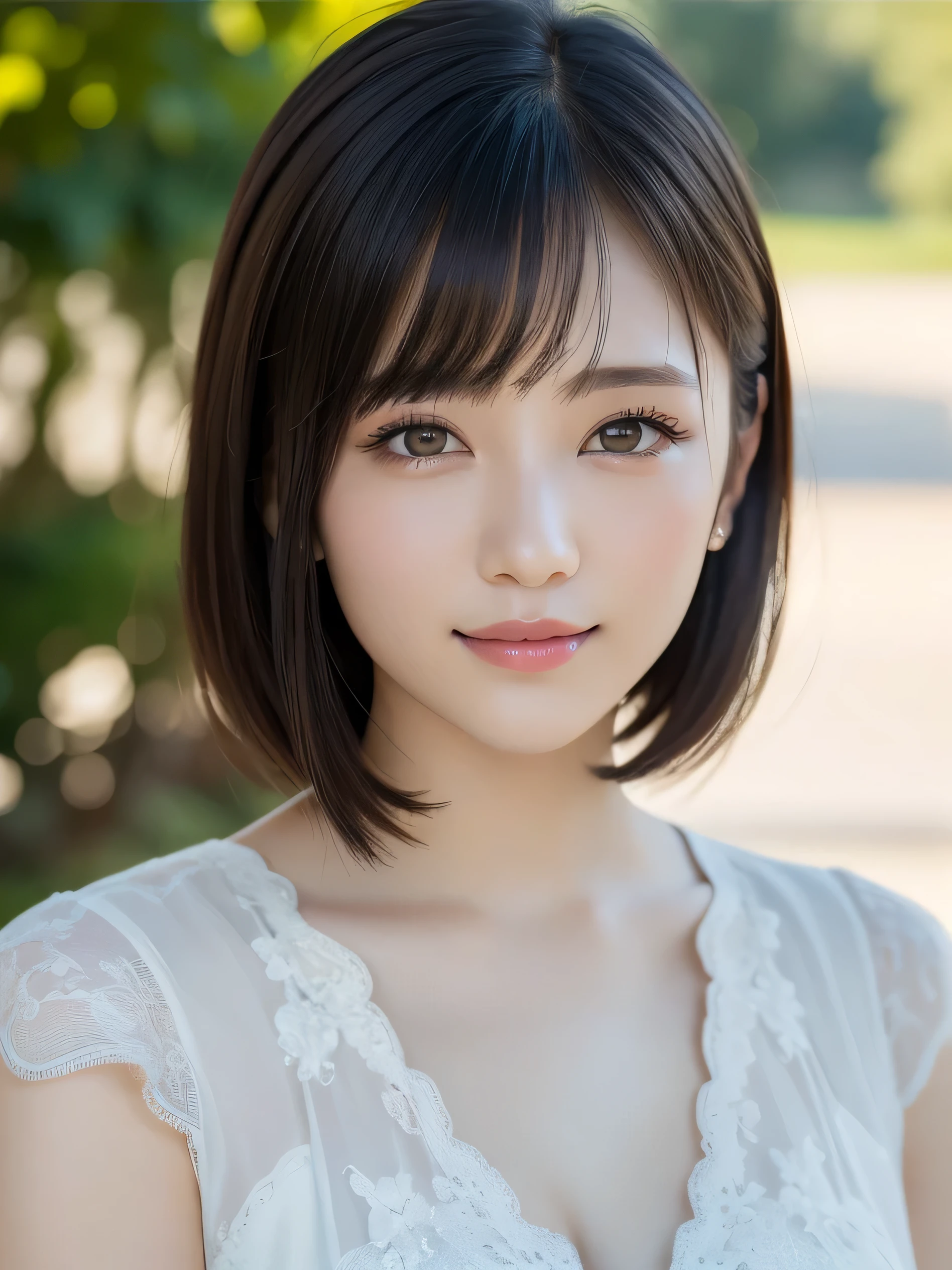 (highest quality:1.5)、(Realistic:1.5)、(1 person:1.5)、(Upper Body:1.5)、Very detailed、High resolution、8k wallpaper、、Small breasts、Natural color lips、Cute Smile、Japanese women、20-year-old girl、Beautiful and elegant face、Perfect and beautiful face、Big eyes、Brunette's eyes、Beautiful and elegant face、Perfect and beautiful double eyelids、Natural Bangs、Beautiful thin nose、Beautiful Skin、Chestnut Hair、Medium Bob Hair、Shortcuts、Natural Bangs、Perfect and beautiful face、Slim face and figure、(Looking at the camera)、Bright lighting、Professional Lighting、Forward lighting、Natural smile、Ceremony venue、dress、Beautiful cleavage、mini skirt、Facing forward、