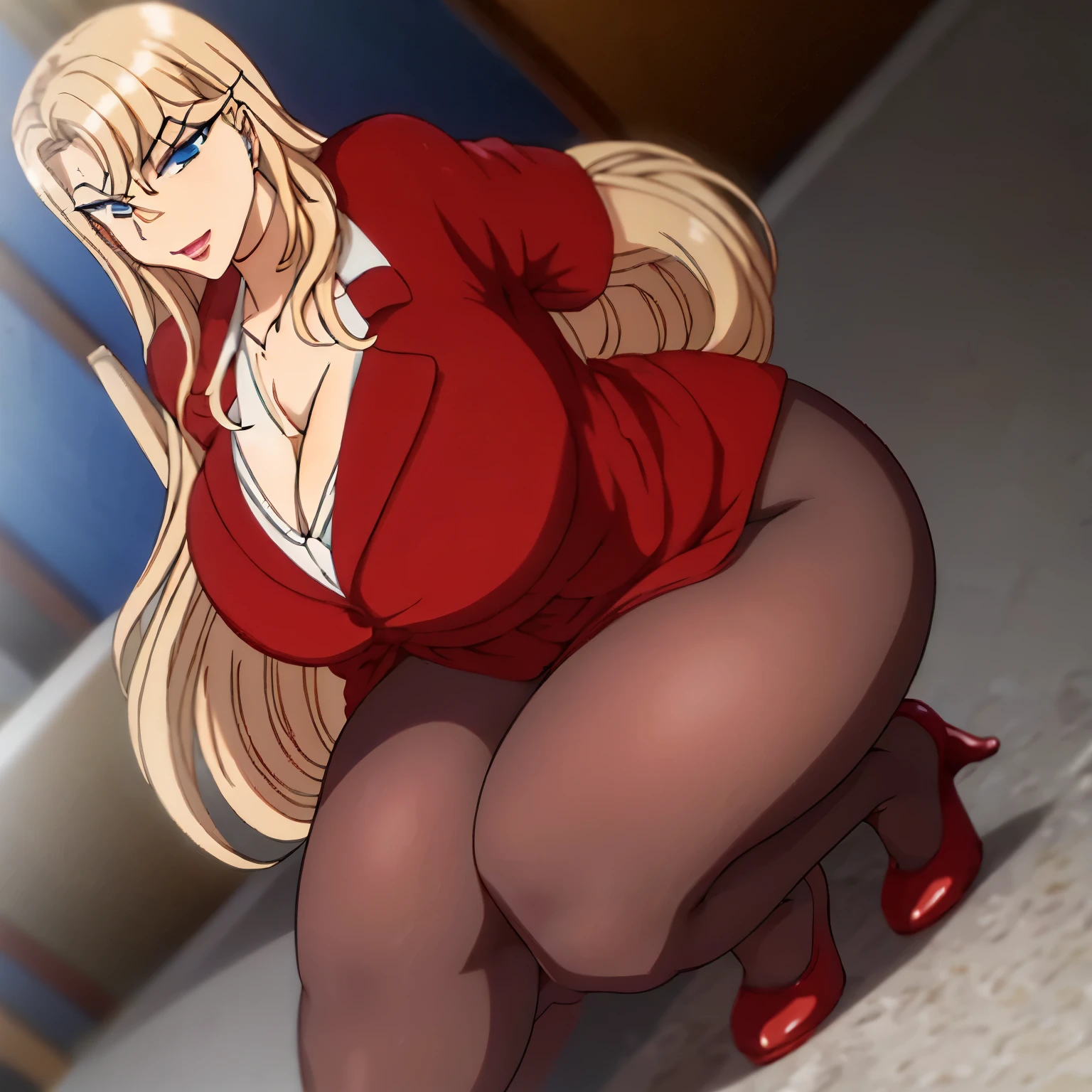 Reika Kurashiki, full body, 1 girl, solo, milf, thick lips, red lips, attractive, sexy, mature woman, curvaceous, curvy, blue eyes, blonde hair, bangs, gigantic breasts, huge breasts, full cleavage, double-breasts dress, stocking, high heels, standing, looking at the viewer, thick thighs, wide hips, big ass, smirk, living room, masterpiece quality, high quality, anime-themed, extremely detailed, proportionate, correct anatomy, small waist