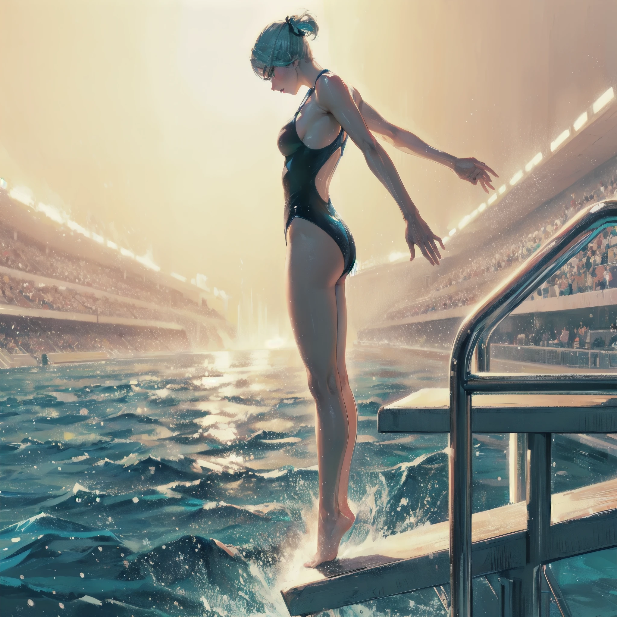 high quality,HD,16k,sharp lines,1 girl,Female swimming athlete ,cute face, large breasts, nice legs,At the swimming venue,focus girl,detailed beautiful face,detailed clothes,beautiful eyes,cool,dynamic angle