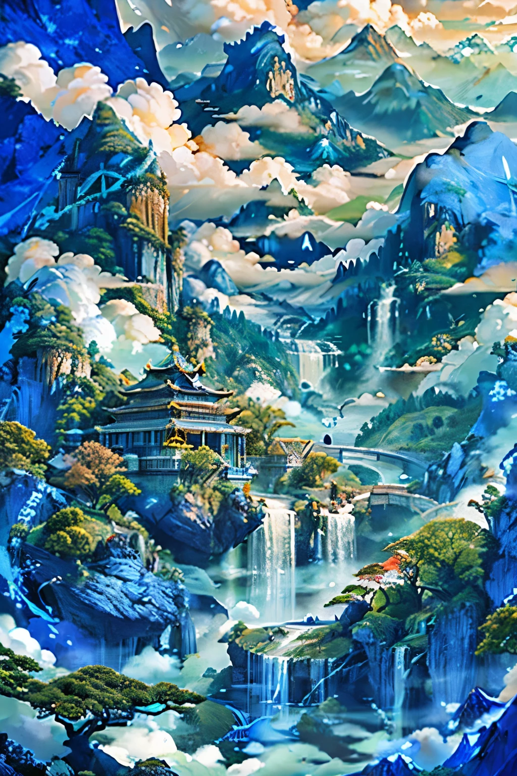 (blue theme:1.3), scenery, tree, water, architecture, mountain, cloud, bird, nature, masterpiece, best qualitylandscape