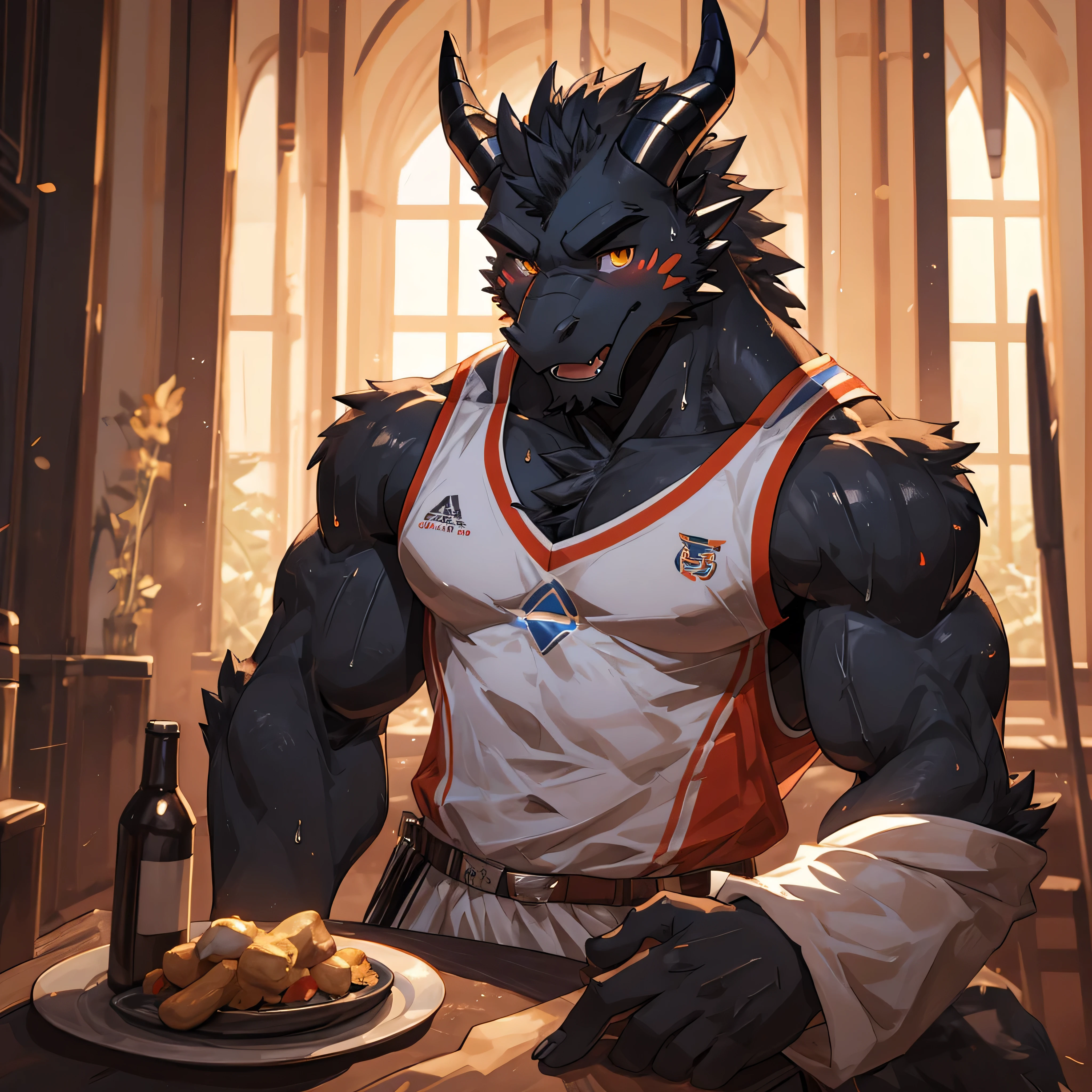 Publaz, (Black Dragon), Black fur, Two-color, Golden Eyes, (Muscular body:1.3), Perfect eyes, Handsome, OK,(White basketball jersey),(close up),(Happy eyes:1.2),Look at the screen,(Dragon Horn),(Dragon tail),Different students,A perfect masterpiece,(16K),White belly,Solitary,((Strong)),(Sweat),(Dick:1.2),Perfect proportion,front,blush,(Open your mouth slightly and breathe.:1.2),(Close Range:1.2),(clothes soaked with Sweat:1,3),Strong,muscle,more details,CG,Lazy on the bed
