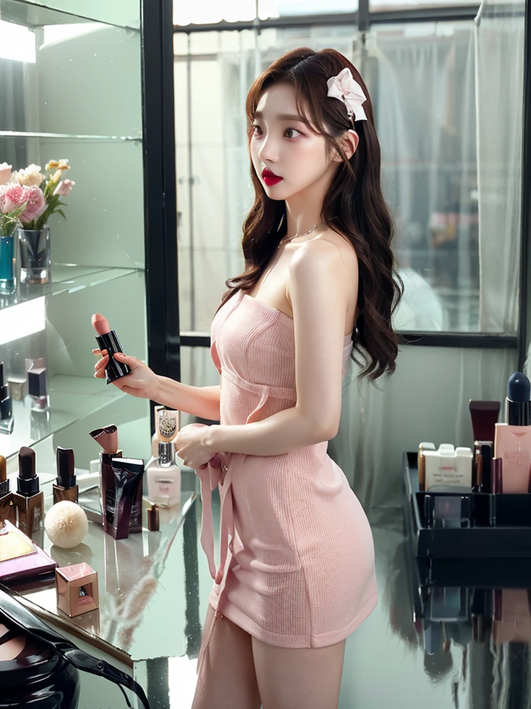 (((masterpiece))),  (((best quality))), (((from the side))), (((apply lipstick))), (((holding lipstick))), (((reflect))), (((looking in the mirror))), clavicle, necklace, Strapless mini dress, window, bedroom, (((cosmetic room))), alone, 1 woman, (((medium chest))), kpop idol, hairpin, ribbon, sweat, dazzlement, shy, slim figure,