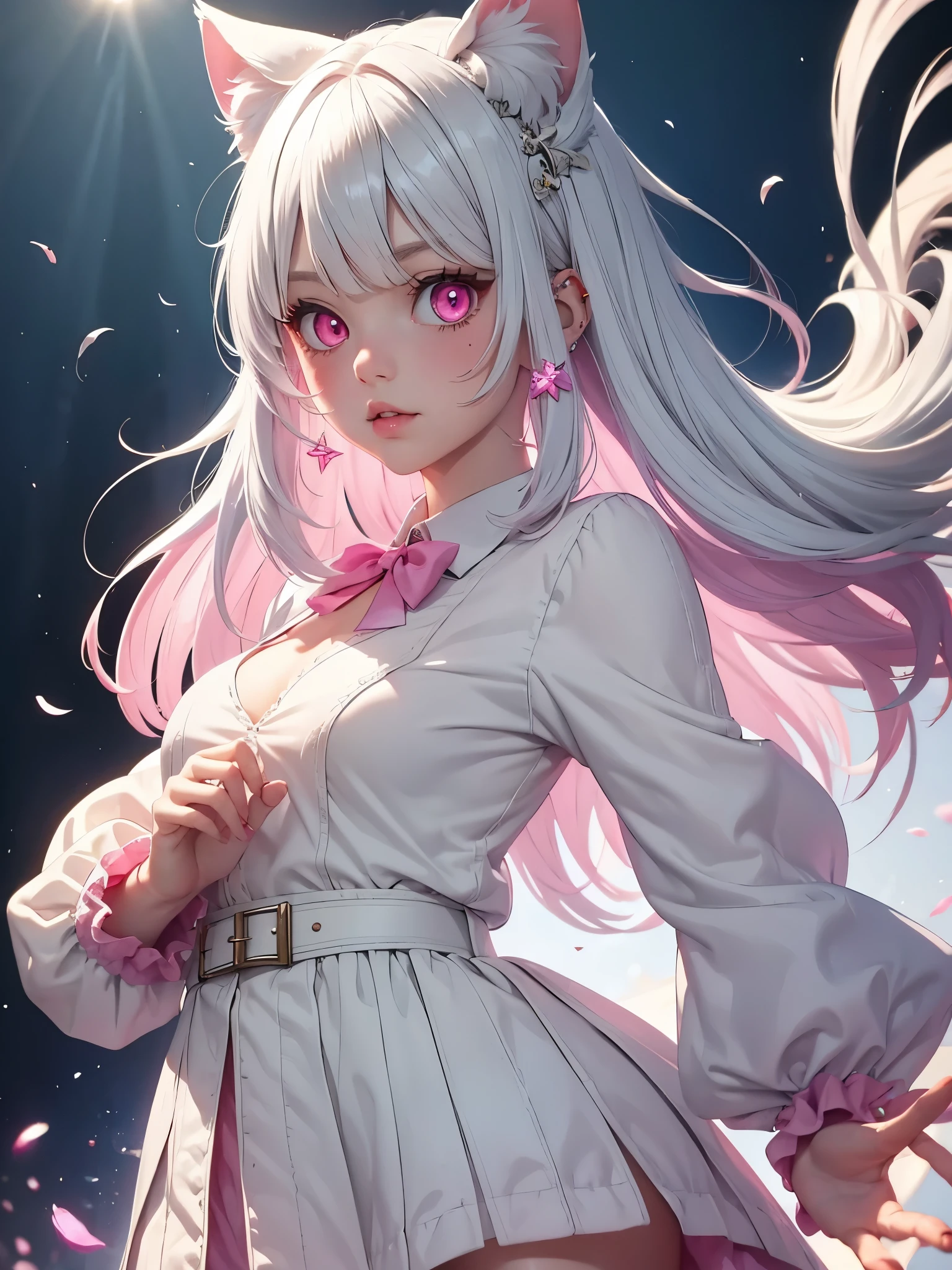 White hair. Short hair. Inner pink hair. Anime girl. Pink eyes. Glowing eyes. Nekomimi.
