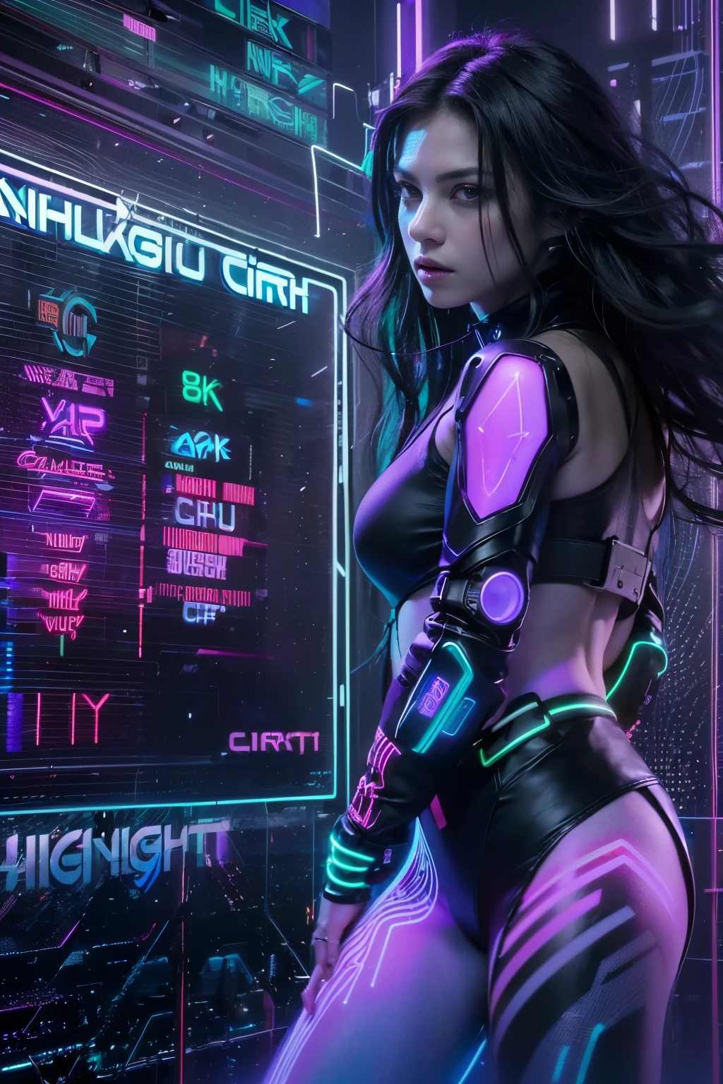(Long black wavy hair with blue and purple neon lighting:1.2),(Full body photo:1.2) Best image quality, masterpiece, Ultra-high resolution, (Faithfulness:1.4), ((Cyberpunk characters)), Mila Kunis, Deep valley, Large Breasts, Cyber Costume, Futuristic, ((Award-winning, ultra-realistic photography)),(Hyper Detail),(Intricate details),(High resolution CGI artwork 8k), LED Light, Atmospheric lighting, Illuminated by neon lights, (Dark city night、Black Background:1.4)