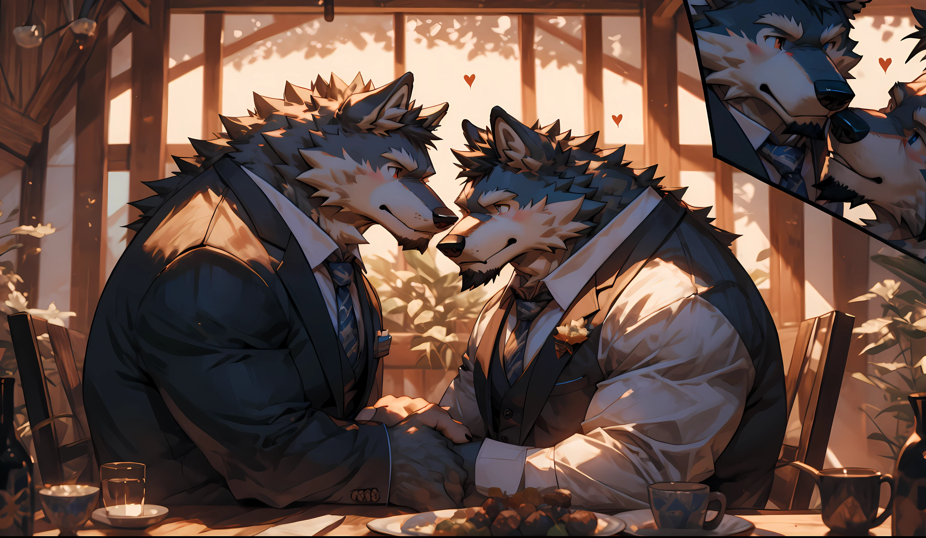 two male wolf wearing formal suit sitting on chairs, one wolf touching another one's face, one wolf is smaller than another one, in a wooden house, looking at each other with love, romantic environment, bright light, detail eyes, correct eyes, muscular, sexy, upper body, close up