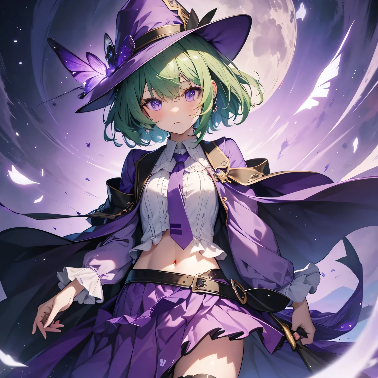 highest quality、Very delicate and beautiful、Highest quality、Beautiful eyes、Clear eyes、Purple Eyes、Green Hair、Short-haired、(Purple Witch Hat)、Purple tie、I、Short sleeve、Purple Skirt、belly button