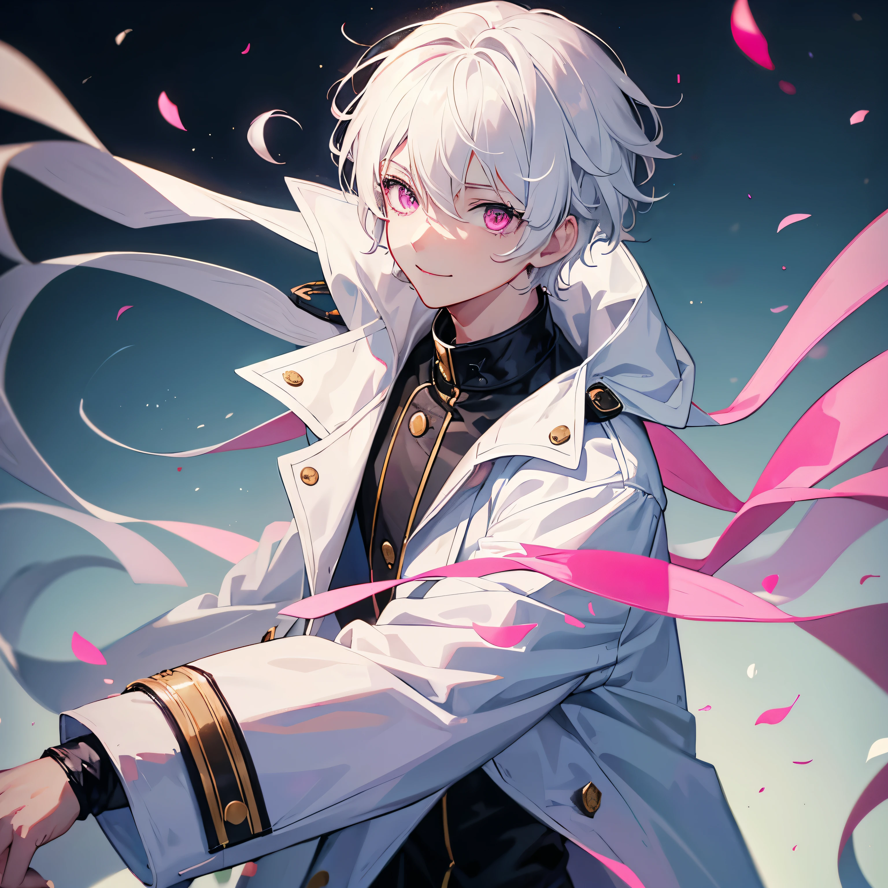 A boy with white hair and pink eyes,White trench coat,kind,Saucy,smile,Drifting,short hair