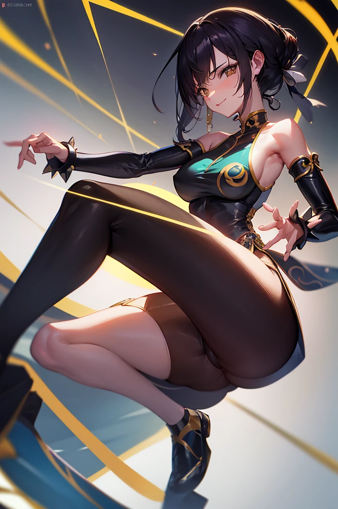 belo corpo,mulher jovem,short black hair , badass , colan,May,coxas torneadas,Evil Smile,juri han,chifres de cabelo,detalhes do corpo,low yellow lighting,raios de luz belo corpo detalhado