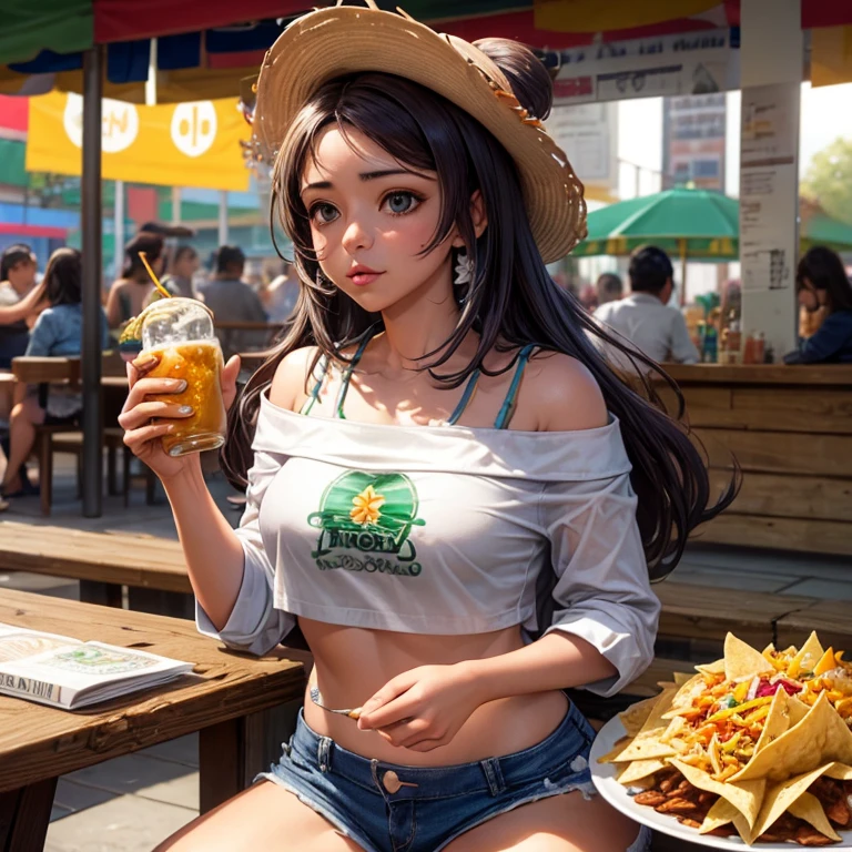 Mexican woman eating tacos, Mexican food stall tortillas and nachos　Under the poncho is a tight tank top and hot pants.　highest quality　Tequila and Corona beer on the table　String Panties