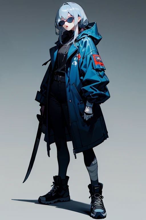 Gray Hair，Royal Sister，Cyberpunk style grey hooded coat，Leather boots，Long knife in hand，bandage underwear，Chunky sneakers with a mechanical look，Dark blue all over，Cold shades
