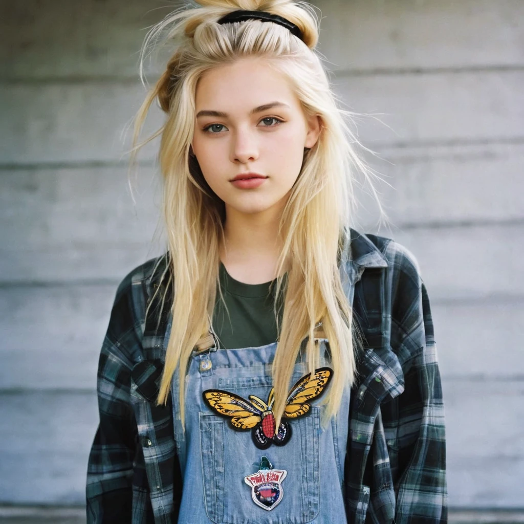 Gorgeous blonde hair girl wear ablend of grunge and preppy styles. Think flannel shirts paired with ripped jeans or overalls, Doc Martens boots, graphic tees, denim jackets, and backpacks adorned with patches. Layering was key, with slip dresses over t-shirts or cropped sweaters over high-waisted jeans. Hair accessories like scrunchies and butterfly clips were popular, along with minimal makeup