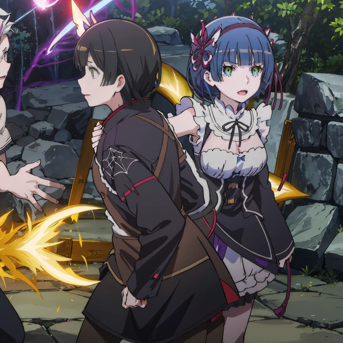 SCENE: In the woods, two girls are fighting together against an enemy.

REM: (a character from "Re:Zero Kara Kara Hajime no Isekai Seikatsu")
Characteristics: Rem from "Re:Zero kara Hajimari no Isekai Seikatsu. An anime girl. She has short blue hair and blue eyes. She wears a maid's uniform.
Style: Powerful fighting style. She wields Morning Star, an armed hammer.
Expression: She has a smiling cartoon expression in the garden or in the pond.
Mio: (Mio)
Characteristics: Mio from "The Moon Leads the Way in Another World. Short, black hair. She wears a large red flower hair ornament and has yellow eyes. She wears a black kimono with a picture of a spider web on her shoulder.
Style: She radiates a black-purple demonic energy from her body and catches her opponents with her purple spider web.
Expression: She has a determined expression.
Background: A battle scene in the forest.
Story: The characters are from different anime, but work together to face their enemies.