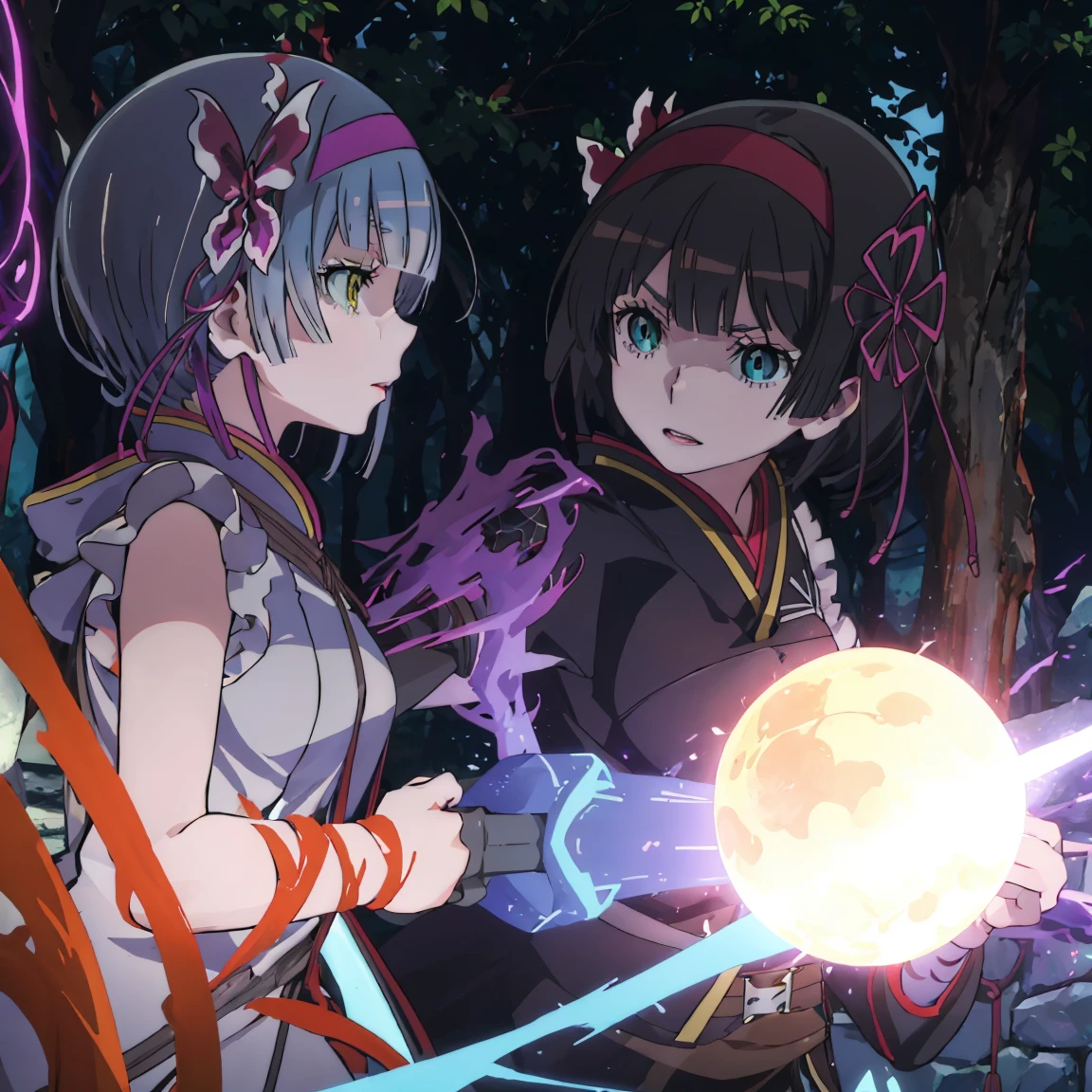 SCENE: In the woods, two girls are fighting together against an enemy.

REM: (a character from "Re:Zero Kara Kara Hajime no Isekai Seikatsu")
Characteristics: Rem from "Re:Zero kara Hajimari no Isekai Seikatsu. An anime girl. She has short blue hair and blue eyes. She wears a maid's uniform.
Style: Powerful fighting style. She wields Morning Star, an armed hammer.
Expression: She has a smiling cartoon expression in the garden or in the pond.
Mio: (Mio)
Characteristics: Mio from "The Moon Leads the Way in Another World. Short, black hair. She wears a large red flower hair ornament and has yellow eyes. She wears a black kimono with a picture of a spider web on her shoulder.
Style: She radiates a black-purple demonic energy from her body and catches her opponents with her purple spider web.
Expression: She has a determined expression.
Background: A battle scene in the forest.
Story: The characters are from different anime, but work together to face their enemies.