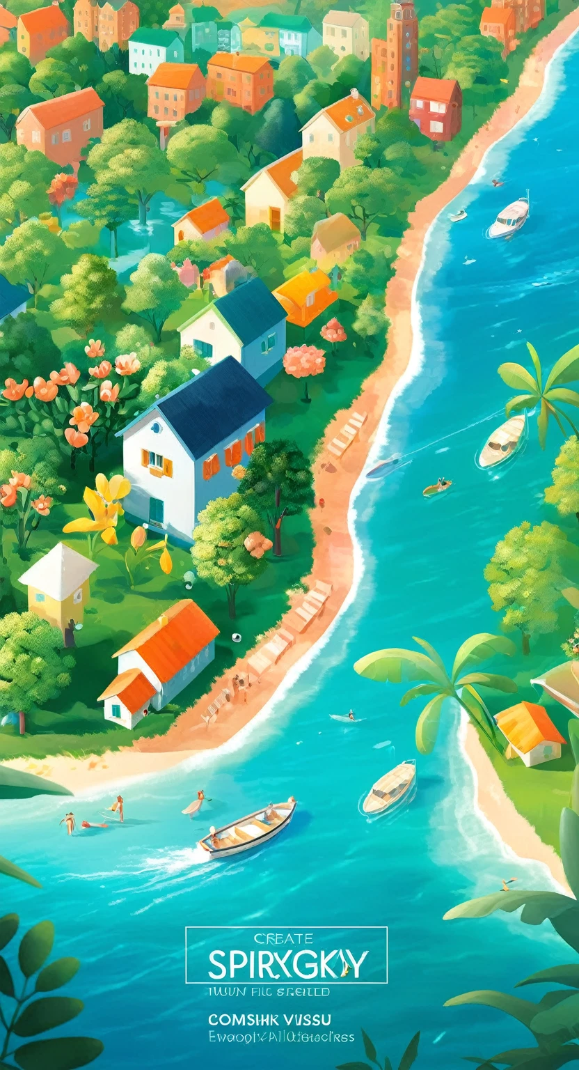 
Create a file called "spring" The sea is surrounded by green trees, Coastline with buildings and beautiful beaches, All in the style of Dmitry Vishnevsky. Artwork should stand out with emerald green hues, orange, and sea blue, Evoke tenderness, easy, Dreamy feels like a magazine editorial.
