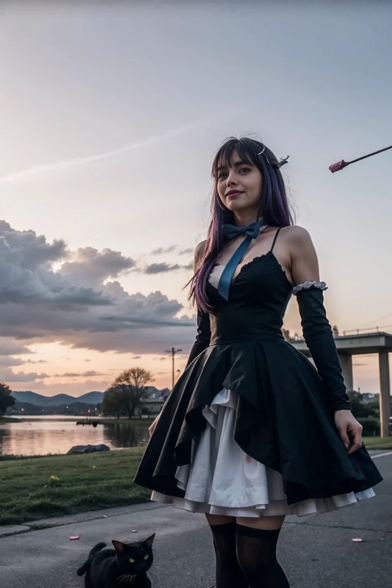 (masterpiece), best quality, fit but meaty, woman in her 30's, frederica bernkastel, dress, tail bow, purple hair, bowtie, cat tail,, socks, (crazy eyes:1.2), (troll face), (flying), (candy:1.4), sky, outside, red sky, milky way, stunningly beautiful, cyberpunk, photorrealistic, standing position,