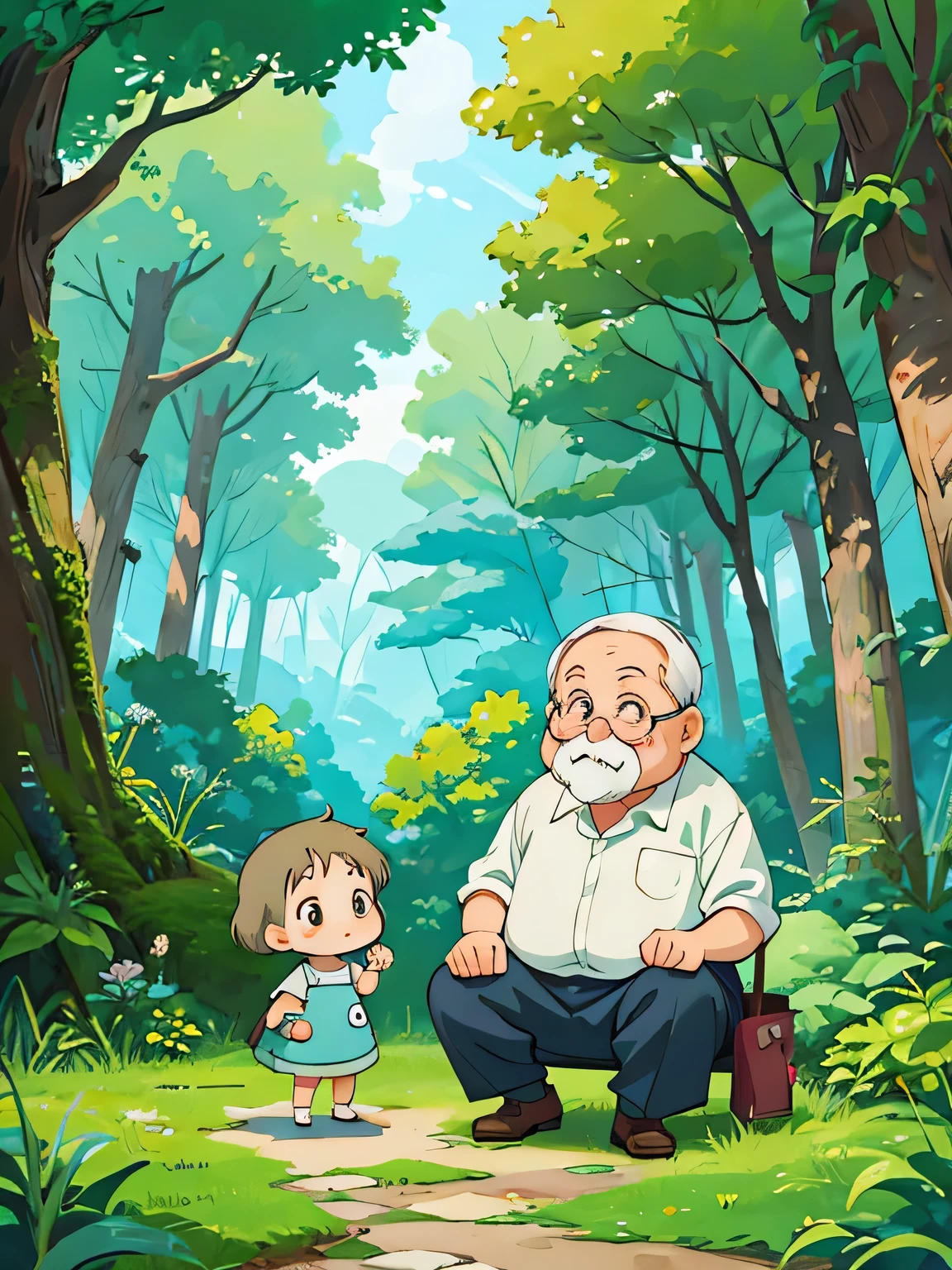hayao miyazaki style, Kawaii Design, The most beautiful girl of all time、Chibi, Cute old man、play together、Totoro Forest