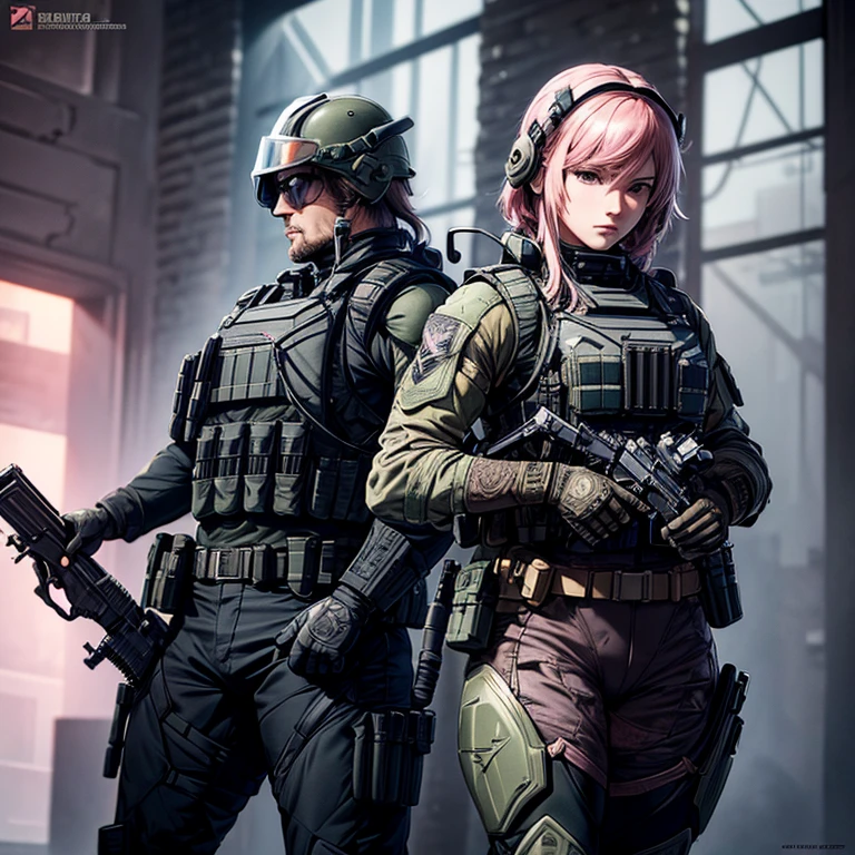 Metal Gear Solid Style, (detailed intricate full cover tactical helmet:1.3), (Pink Hair), Cowboy Shot, Dynamic pose, One girl, alone, Ray Tracing, (masterpiece), (highest quality), (detailed), (detailed tactical gear:1.1), (Bulletproof vest:1.1), Combat pants, gloves, (Complex background:1.1),