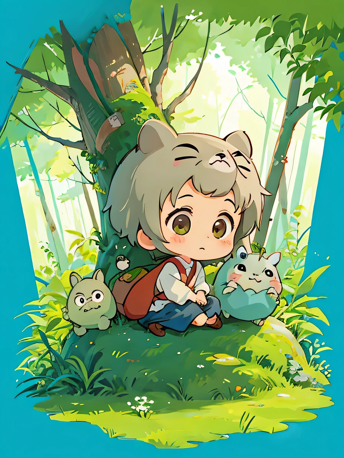 hayao miyazaki style, Kawaii Design, The most beautiful girl of all time、Chibi, Cute old man、play together、Totoro Forest