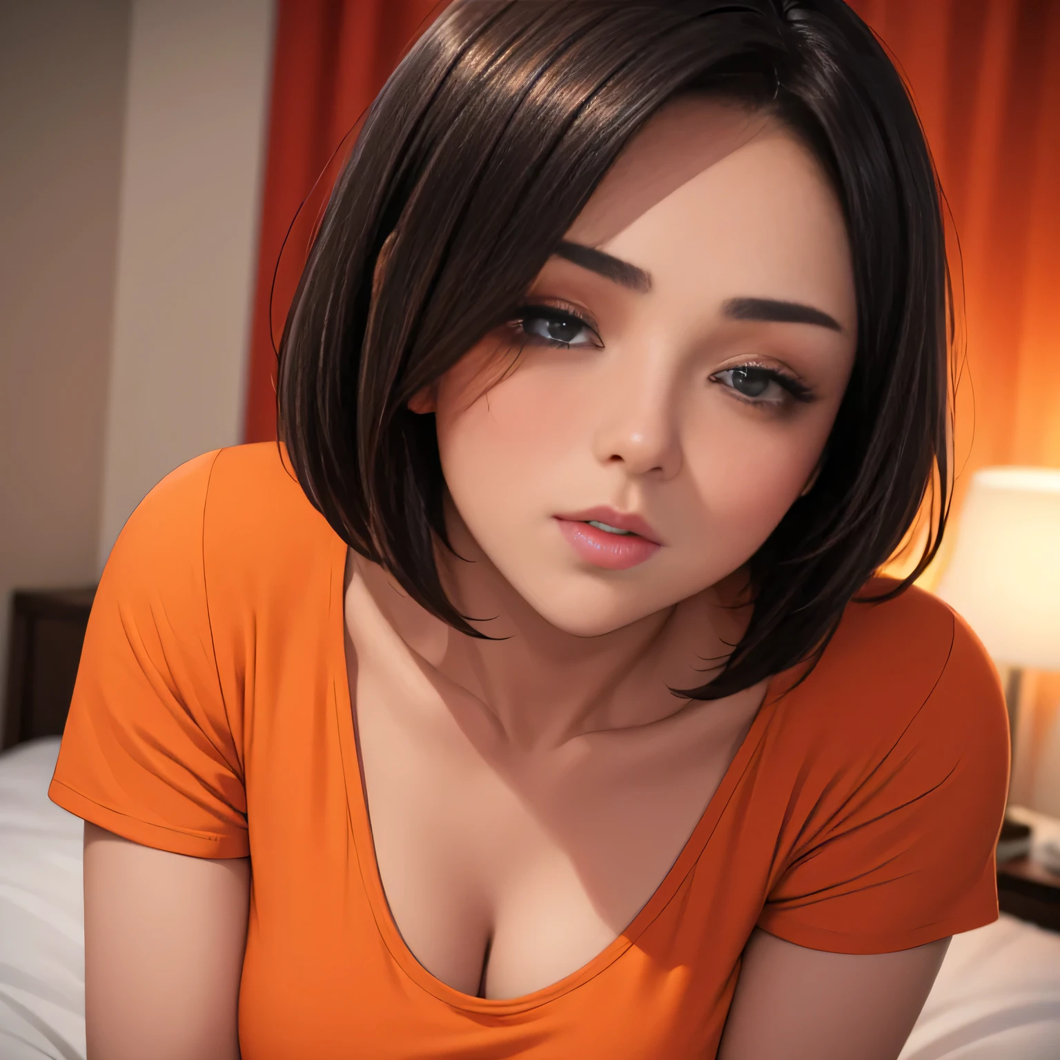 Amazing portrait of a sexy woman with a beautiful face and a short bob hairstyle with a seductive gaze and blushing intensely with her parted lips being desperate and flustered and lustful wearing an orange t shirt on bed