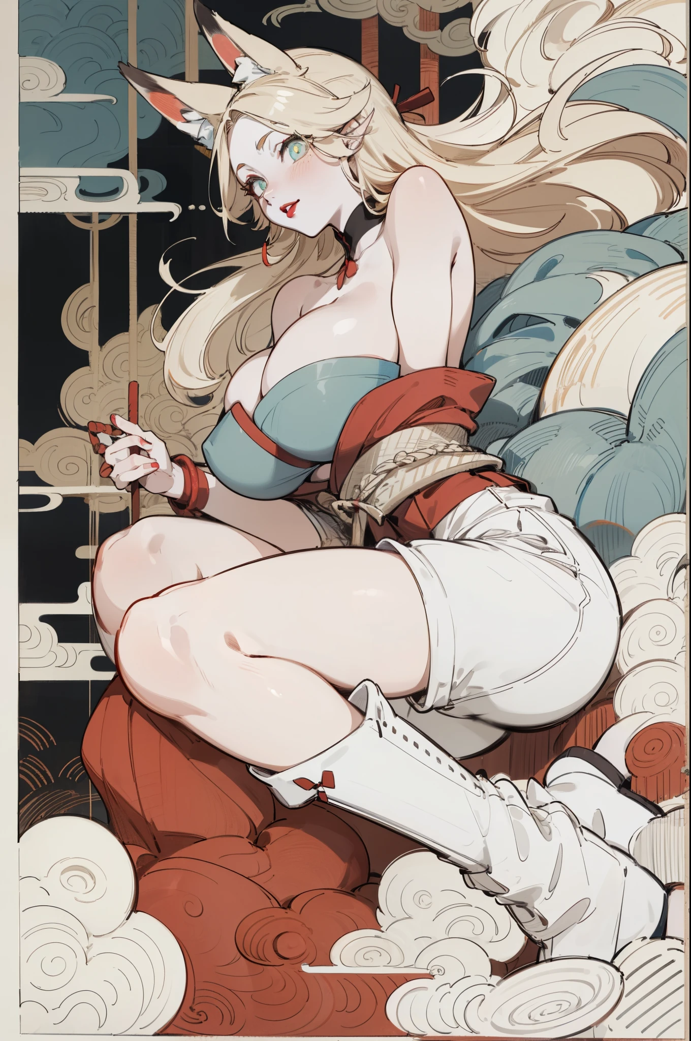 White skin, (Fox ears), Exquisite eyes,Red Eyeshadow, Red lips，White shorts,Fake laugh, Ukiyo-e, masterpiece, high quality, at the lowest limit, Tiny,White boots，Huge breasts，Bare shoulders