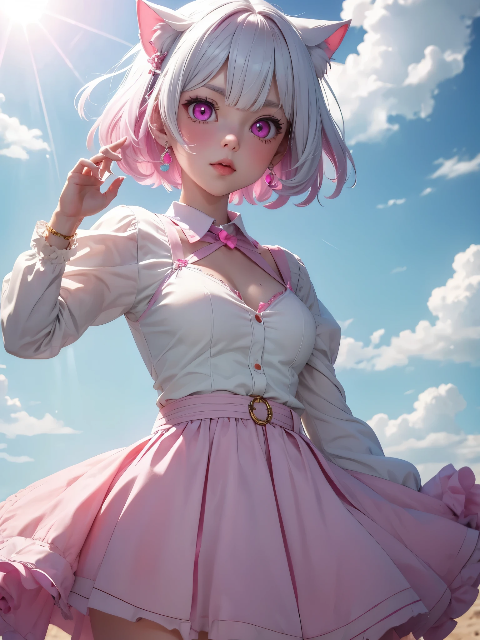 White hair. Short hair. Inner pink hair. Anime girl. Pink eyes. Glowing eyes. Nekomimi. 