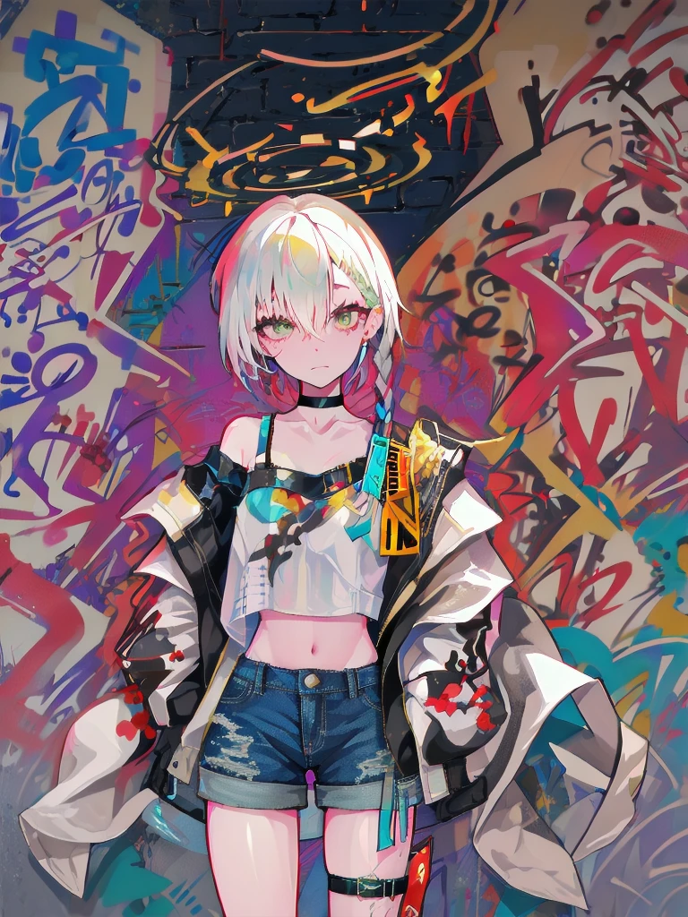 (best quality,1 woman,alone),(striped hair:white),(crop top:white),(sukajan coat),(dark denim shorts),(choker),(graffiti:1.25),(splash of color),(nonsense),(lean back),(leaning against the wall),(tilt to the side:0.125),(watch the audience),(armband),(thigh strap),(paint on body),(eyes aimed upwards),(heading down),(tilt your head),(from the side:0.9),(expressionless:0.75),(hand into pocket)