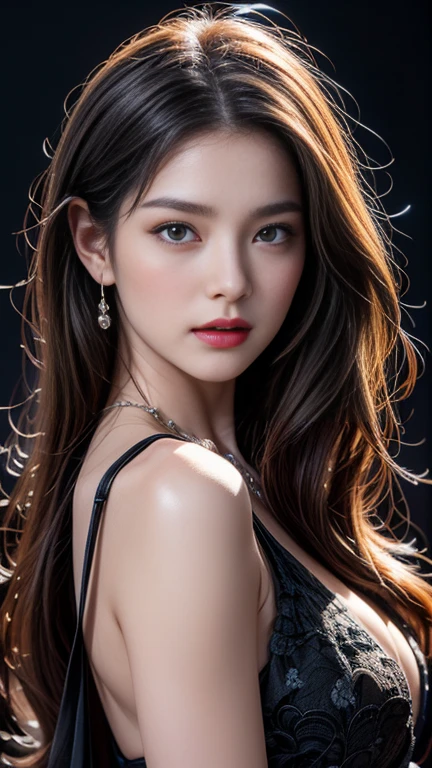 highest quality、masterpiece、8k、Award-winning works、Hyperrealism、Vampire Princess、恐ろしいVampire Princess、Natural forehead、spooky、White skin、Wicked Makeup、Full body photo、Face close-up、Photographing faces with beautiful composition、The most detailed and beautiful face、The relentless gaze、look at me、Long eyelashes、spookyメイク、Black Lips、eye shadow、艶のあるBlack Lips、highest qualityのウルトラHDスキン、The most detailed eyes、(The most luxurious and highest quality giant tiara、The most luxurious and highest quality giant necklace、The most gorgeous giant ruby、The most luxurious jewelry decoration、(((The most gorgeous black dresses 1.5)))、Lace fabric、Cleavage、((Black background、dark、dark image、dark部屋1,3))、Beautiful long wavy hair、Small Breasts 1.5、Facing forward 1.2、
((Full body photo1.5))、(((Ecstasy of Musical Notes 1.5)))