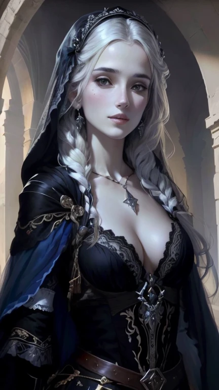 une femme vêtue d'une robe noire et d'une cape se tient dans l'embrasure d'une porte, belle comtesse elfe noir, princesse elfe noir, portrait d'a witch, artgerm detailed, detailed matte fantasy portrait, jeune elfe noir, art de style fantaisie sombre, magali villeneuve', detailed fantasy art, art fantastique gothique, portrait d'une reine elfe, elfe drow femelle