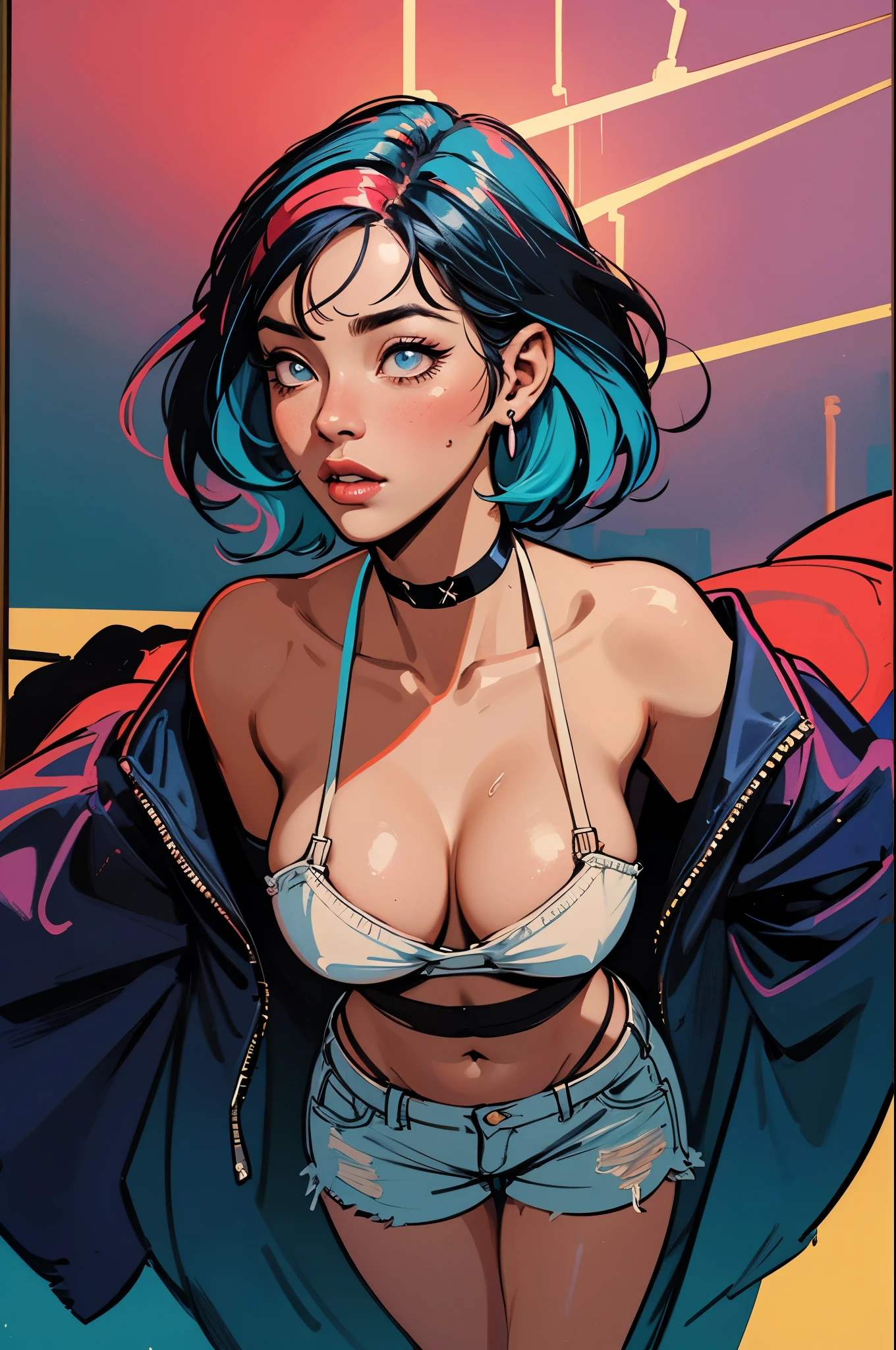 4k,CG Digital rendering,wallpaper,illustration,absurdres,Ultra HD,incredibly absurdres,masterpiece,amazing,finely detail,original,beautiful-detailed eyes,tyndall effect,dynamic angle,cyberpunk city,night, (1girl:1.5),(solo),((streetwear)),toon,medium breasts,nsfw,shorts,((Sexual suggestion)),(standing),leaning forward,earrings,cat_ears,ribbon choker,(cleavage),((colorful streaked hair)),((( gradient hair))), neon light,, ((painting, canvas, fine art)), detailedHDR, portrait, 50mm, F/2.8, 1m away，