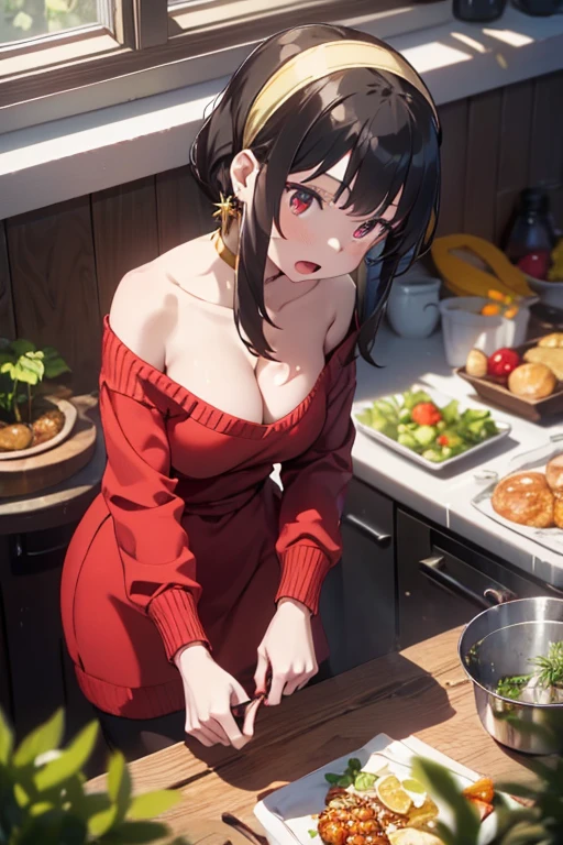 masterpiece, yor, 1girl, Amazing Cleavage:1.3, thin waist, big ass, Raised sexy, medium breast: 1.0 posed cleavage:1.2、solo, looking at viewer, open mouth, have a cute grass of cute beergrass,black hair, red eyes, dress, bare shoulders, jewelry, collarbone, sidelocks, hairband, earrings, indoors, off shoulder, :o, sweater, arms behind back, plant, short hair with long locks, white hairband, off-shoulder dress, sweater dress, off-shoulder sweater, red sweater, big side hair, very long side hair,is rendered in (masterpiece: 1.2, best quality), with (ultra high resolution) and an exquisite (depth of field). This masterpiece is not only visually stunning but also tells,A scene of cooking in the kitchen, (looking down on the audience:1.3)