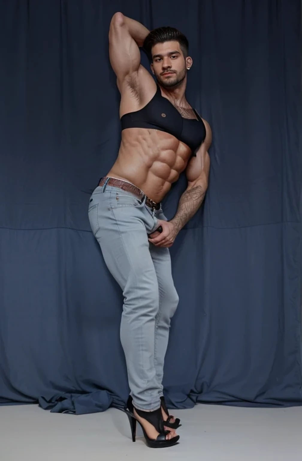 A Very Masculine, muscular  hunk man, with short hair ,athlic body,   wearing a padded bra, very tight jeans, high heels, makeup, red lipstick, fake eyelashes, earrings