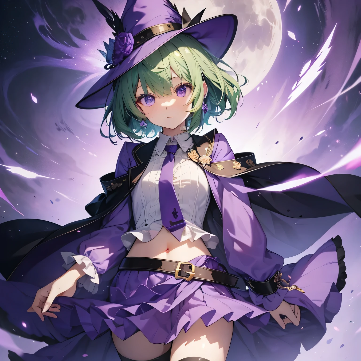 highest quality、Very delicate and beautiful、Highest quality、Beautiful eyes、Clear eyes、Purple Eyes、Green Hair、Short-haired、(Purple Witch Hat)、Purple tie、I、Short sleeve、Purple Skirt、belly button
